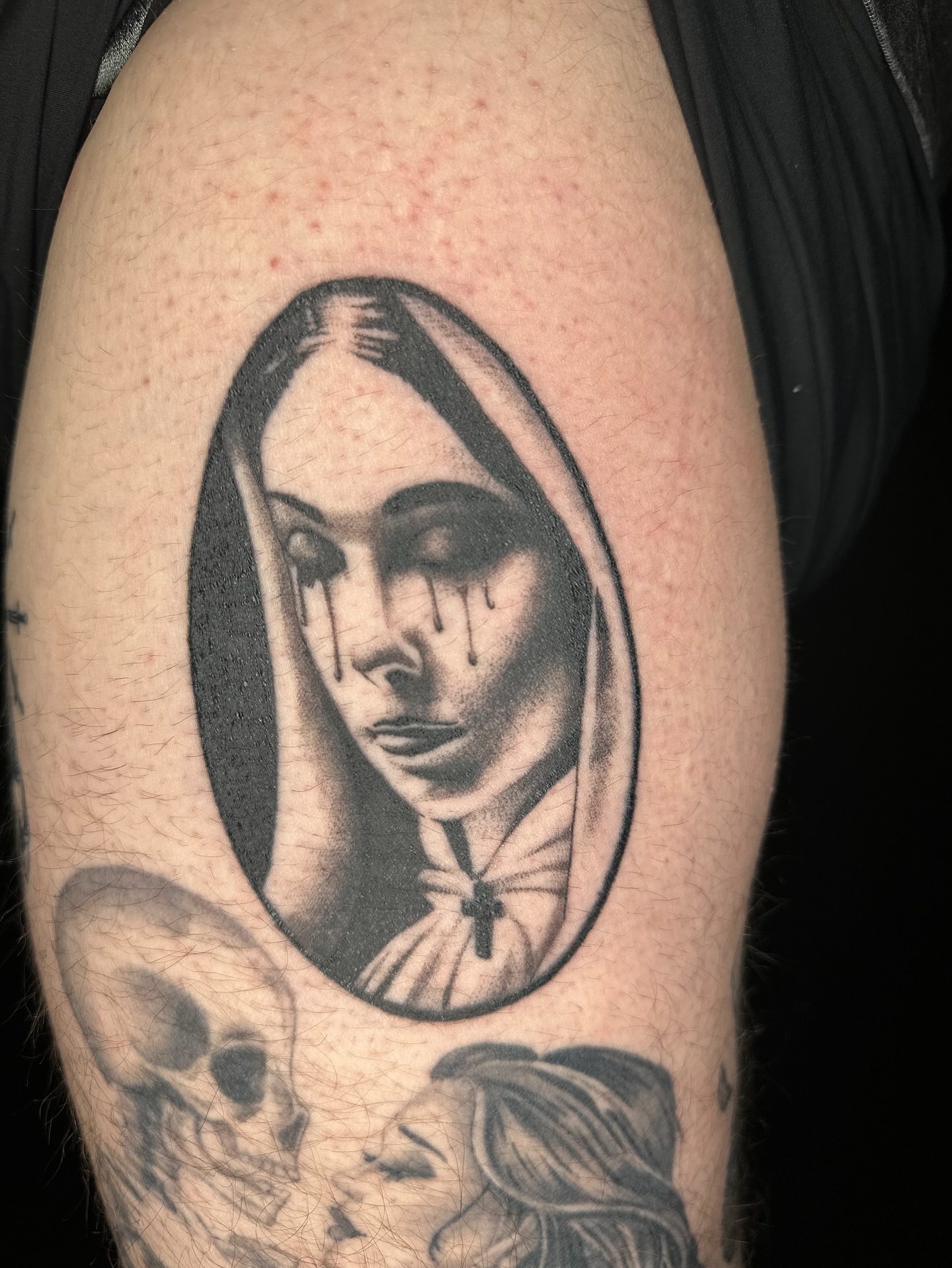 The nun realism tattoo on the forearm by Tat by Brendan