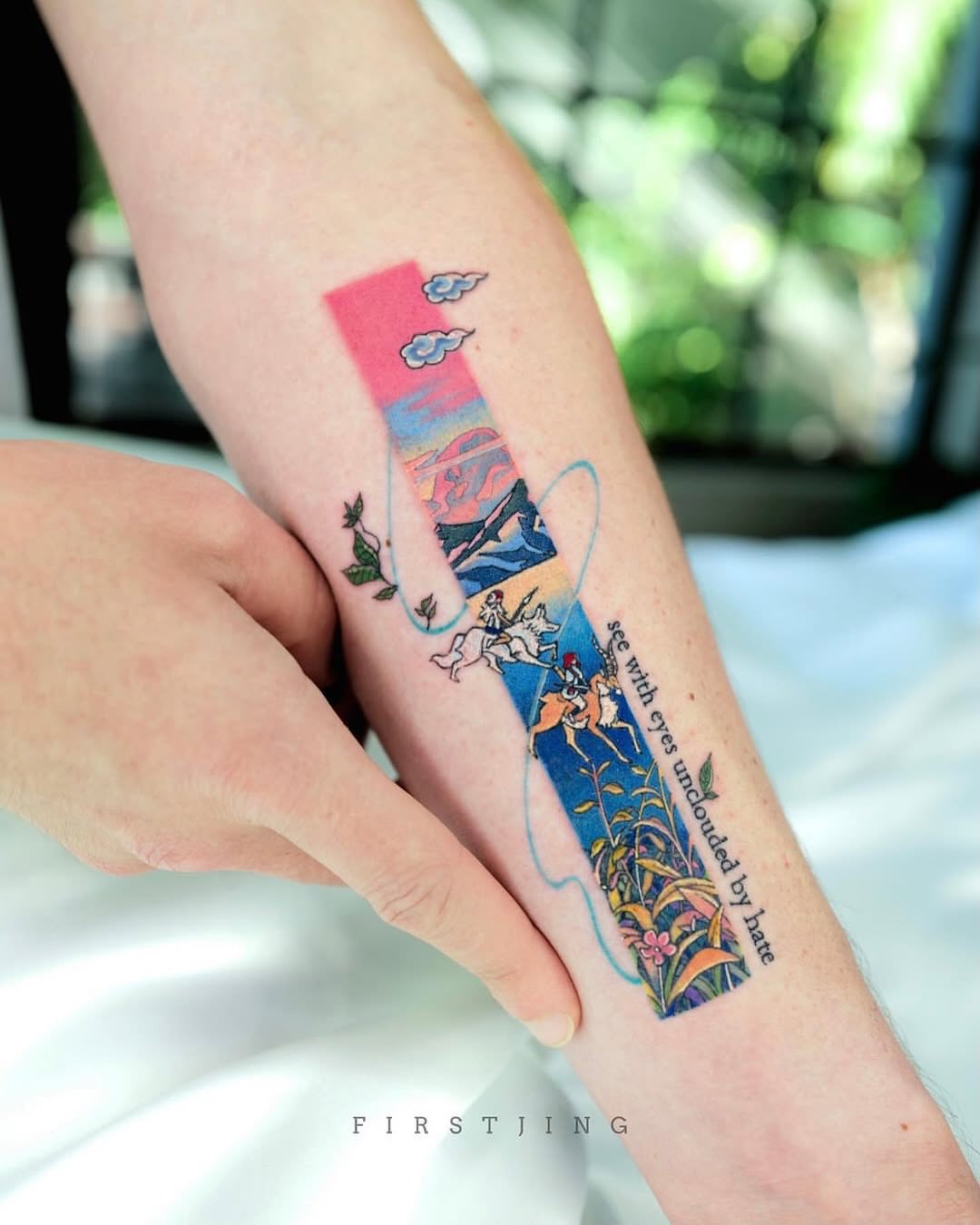 Landscape with figures illustrative tattoo on the forearm by Seattle