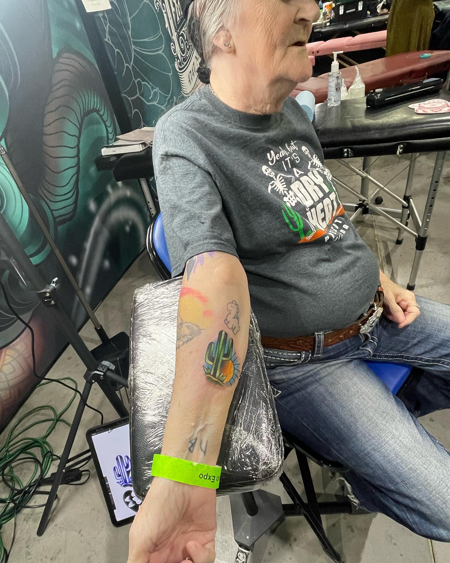 Cactus and sun new school tattoo on the forearm by Kodi Klo