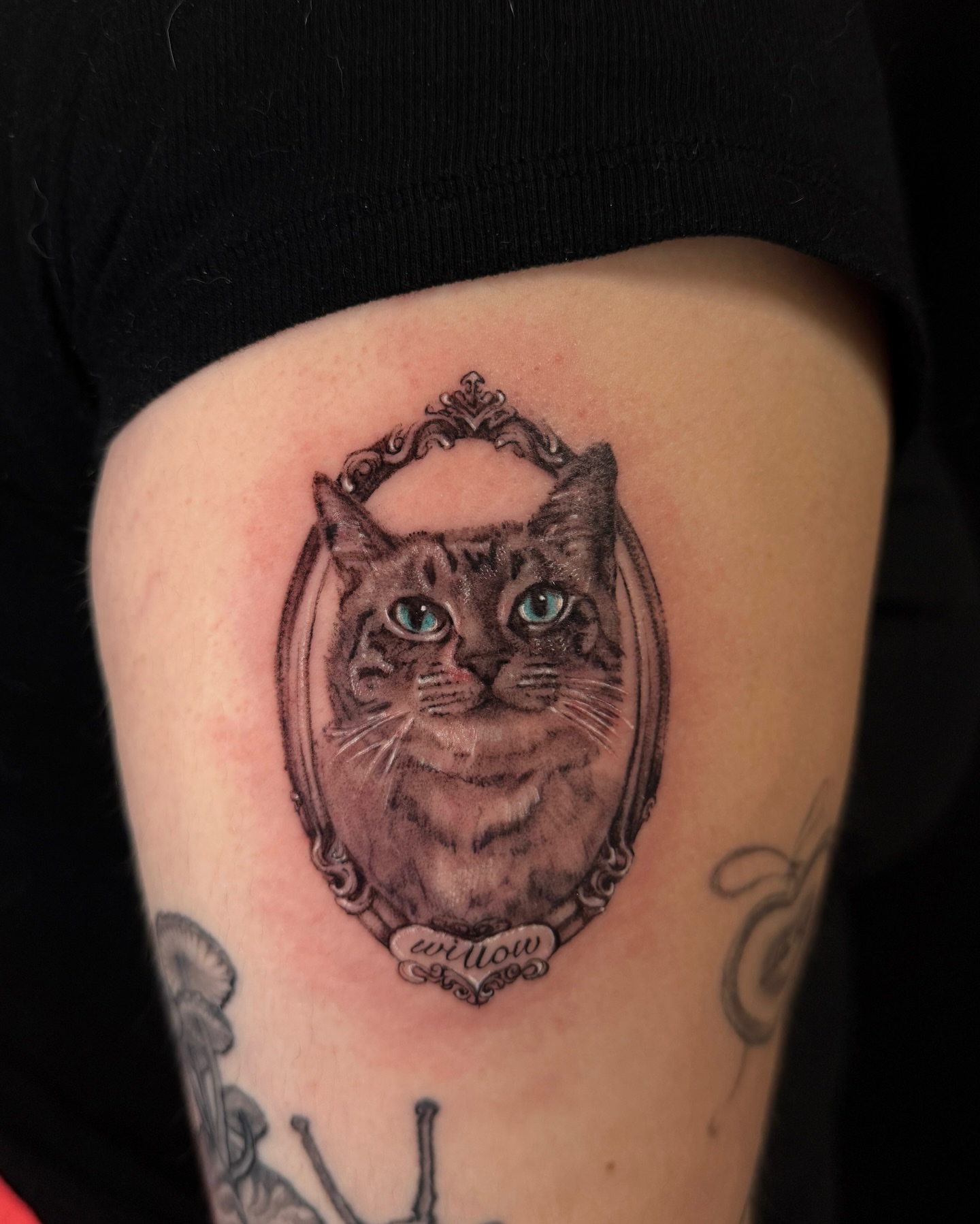 Cat portrait realism tattoo on the thigh by G̵̨̗̗̈̅̓́͡ĕ̸̡̜̫̾̌̎̈͠ë̷̢̳̤̰̗͈̃͌͒̚͞