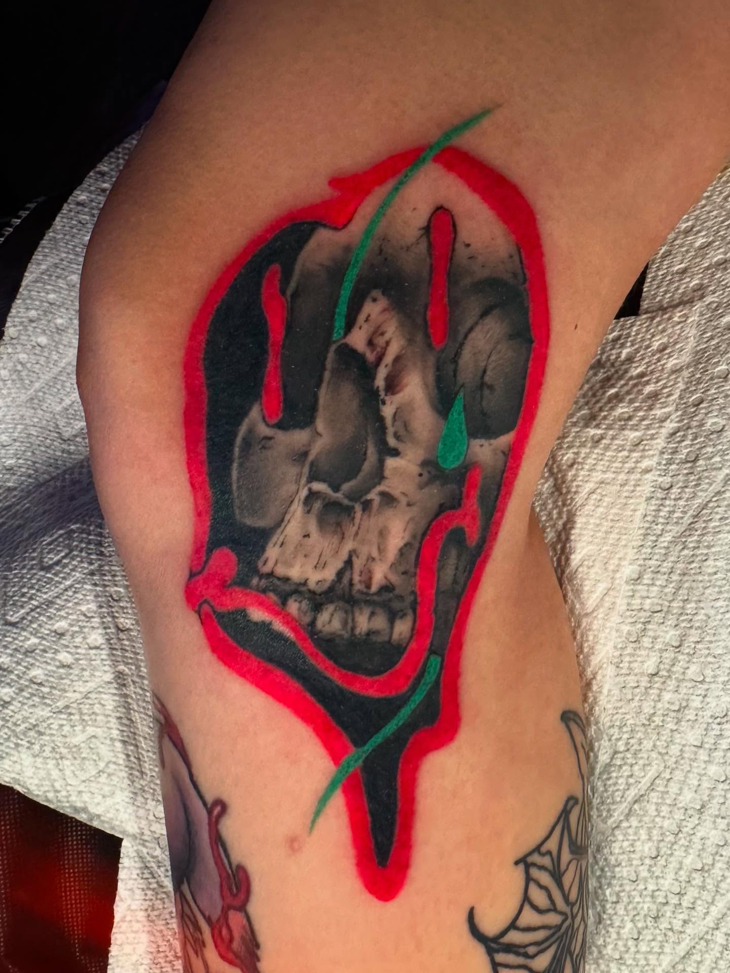 Skull with dripping blood dark realism tattoo on the thigh by ✨Jen Lochbihler✨, Dickson, Tennessee