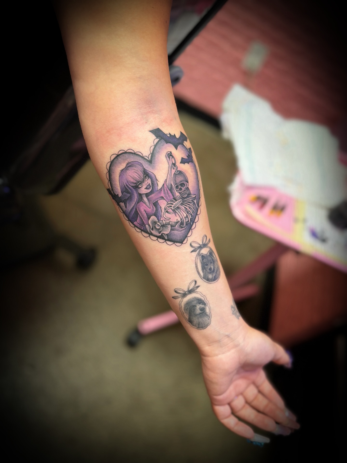 Girl and skeleton American traditional tattoo on the forearm by Kbryanttattoos, Ohio City, Ohio