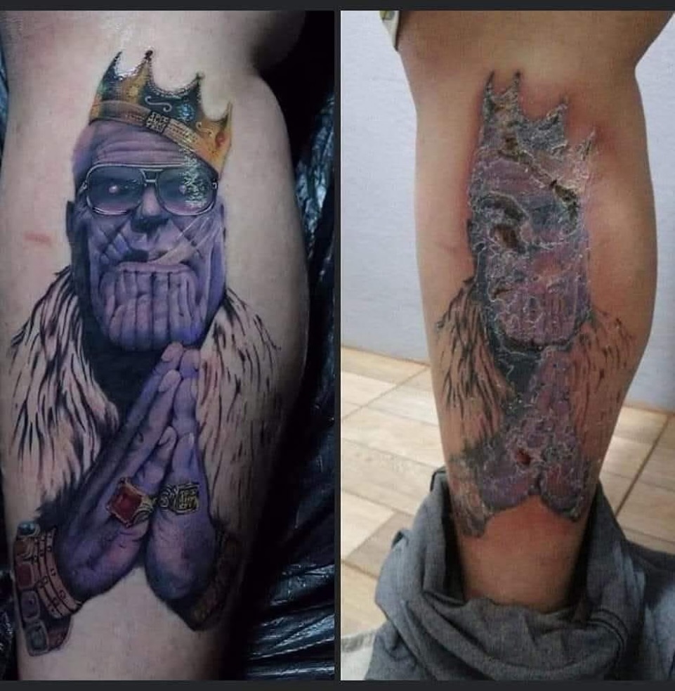 Thanos realism tattoo on the forearm by B o n d B o n d , “ a r t i s t “