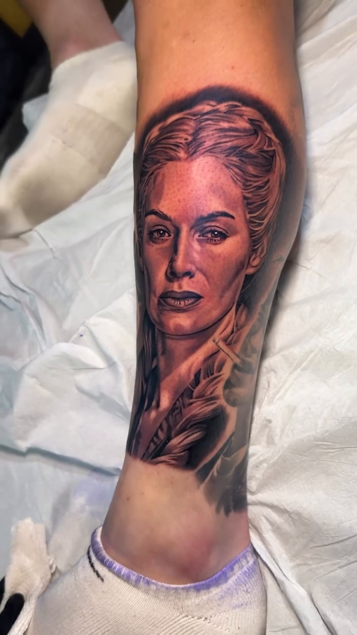 Portrait of a woman realism tattoo by Bradley Dozier
