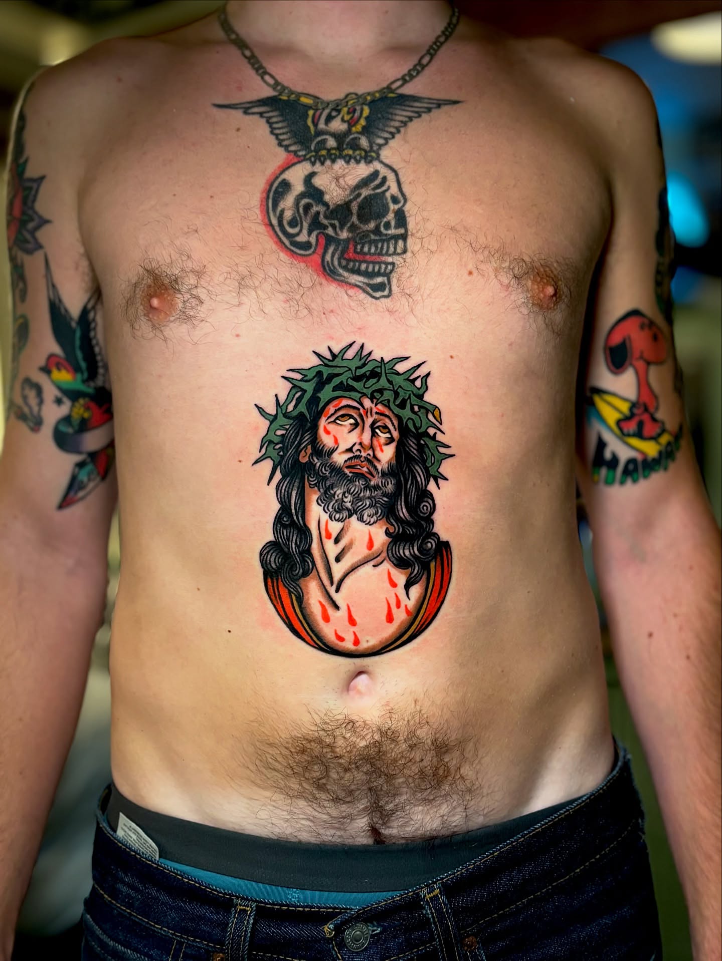 Jesus Christ American traditional tattoo on the chest by Weston Imhoff