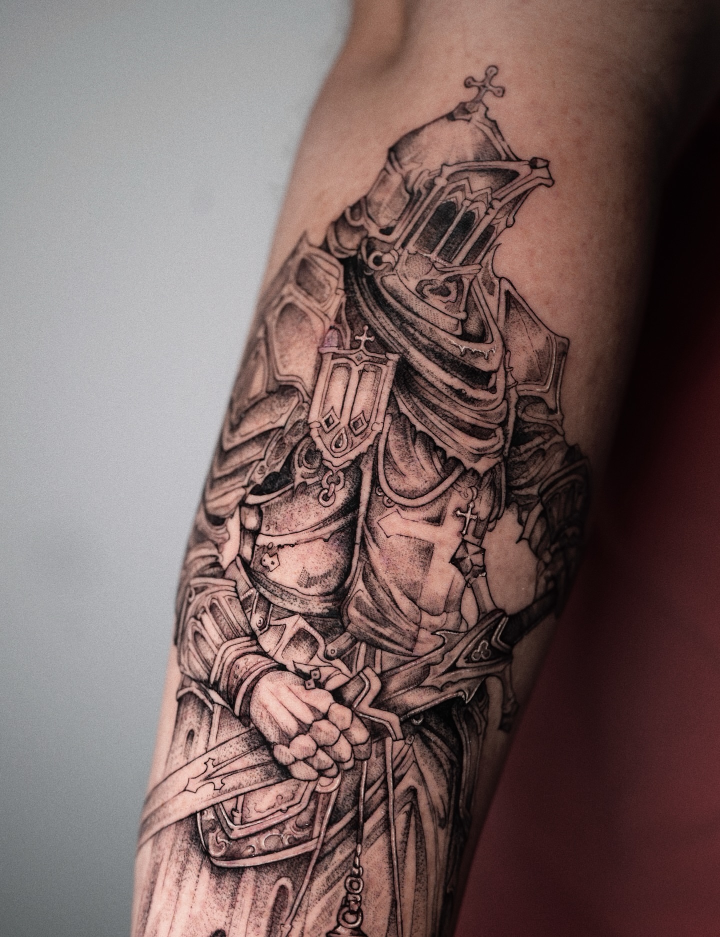 Religious knight realism tattoo on the forearm by @katuvetattoo