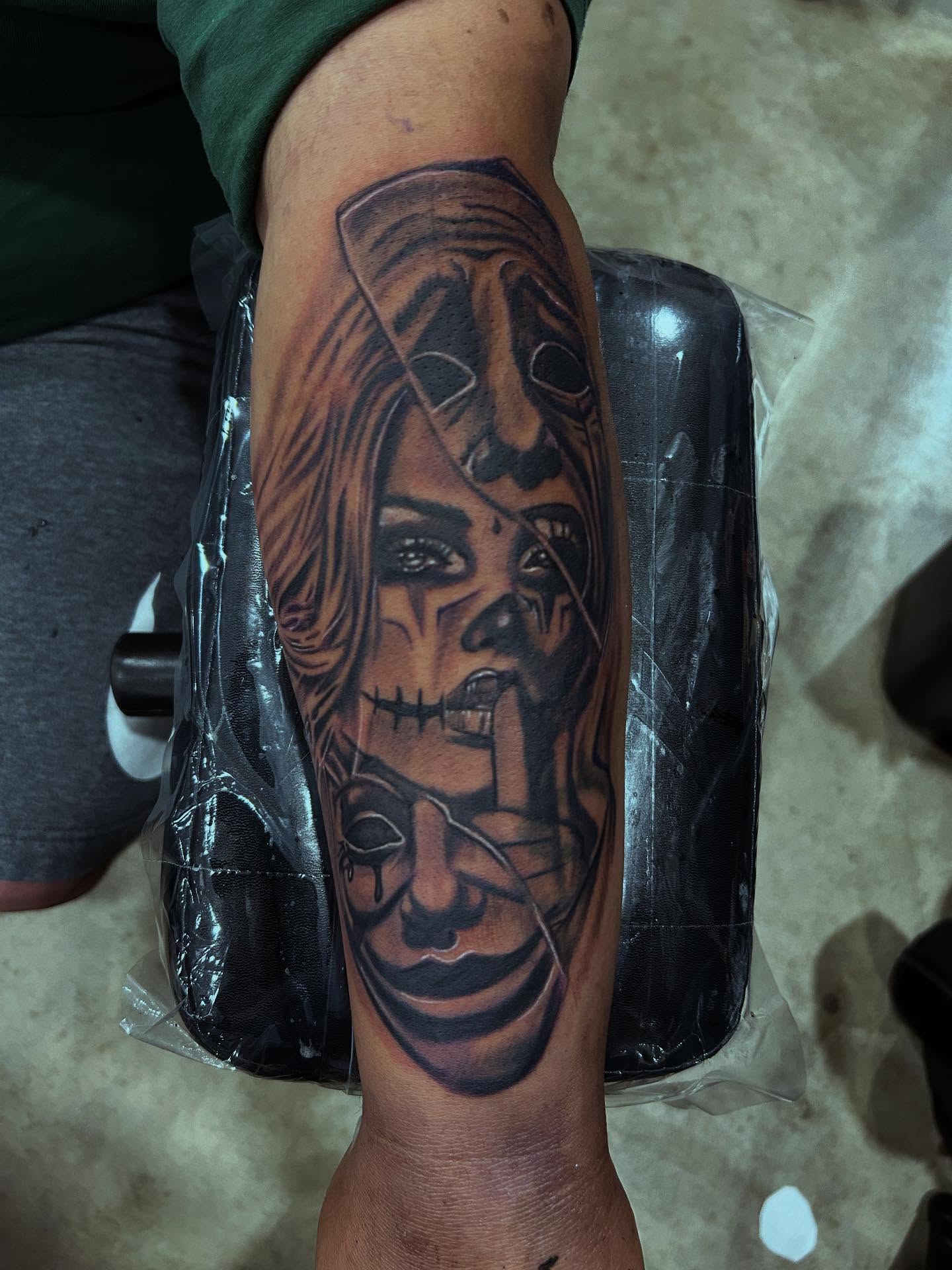 Woman's face realism tattoo on the forearm by Cyko Hernandez