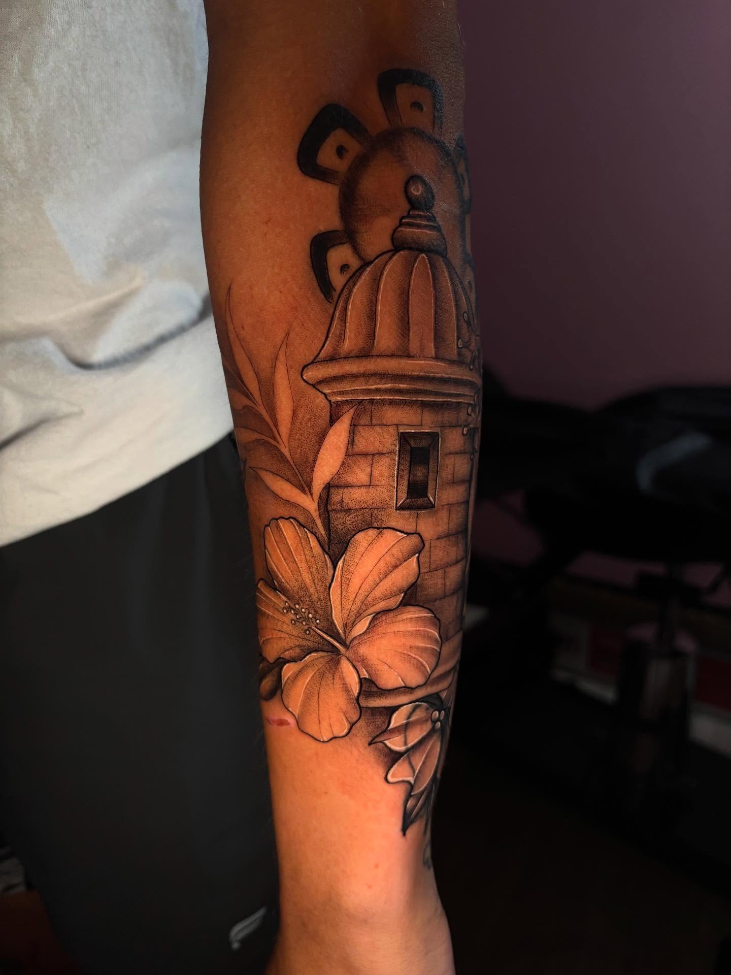 Lighthouse and hibiscus realism tattoo on the forearm by ★𝔗𝔞𝔱𝔱𝔬𝔬𝔰 𝔟𝔶 𝔗𝔢𝔞𝔙𝔞𝔫𝔊𝔬𝔤𝔥 ★
