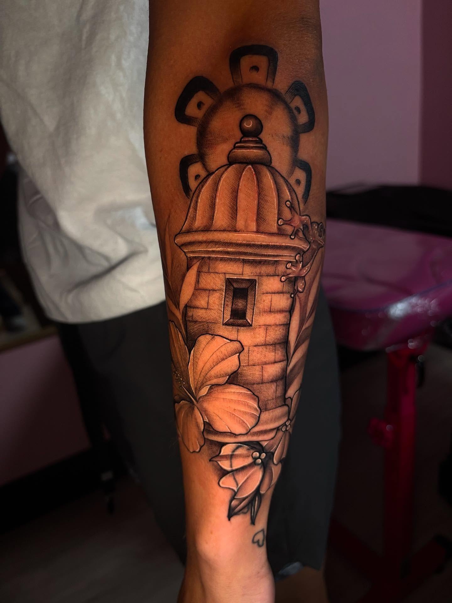 Lighthouse and flowers black and grey tattoo on the forearm by ★𝔗𝔞𝔱𝔱𝔬𝔬𝔰 𝔟𝔶 𝔗𝔢𝔞𝔙𝔞𝔫𝔊𝔬𝔤𝔥 ★