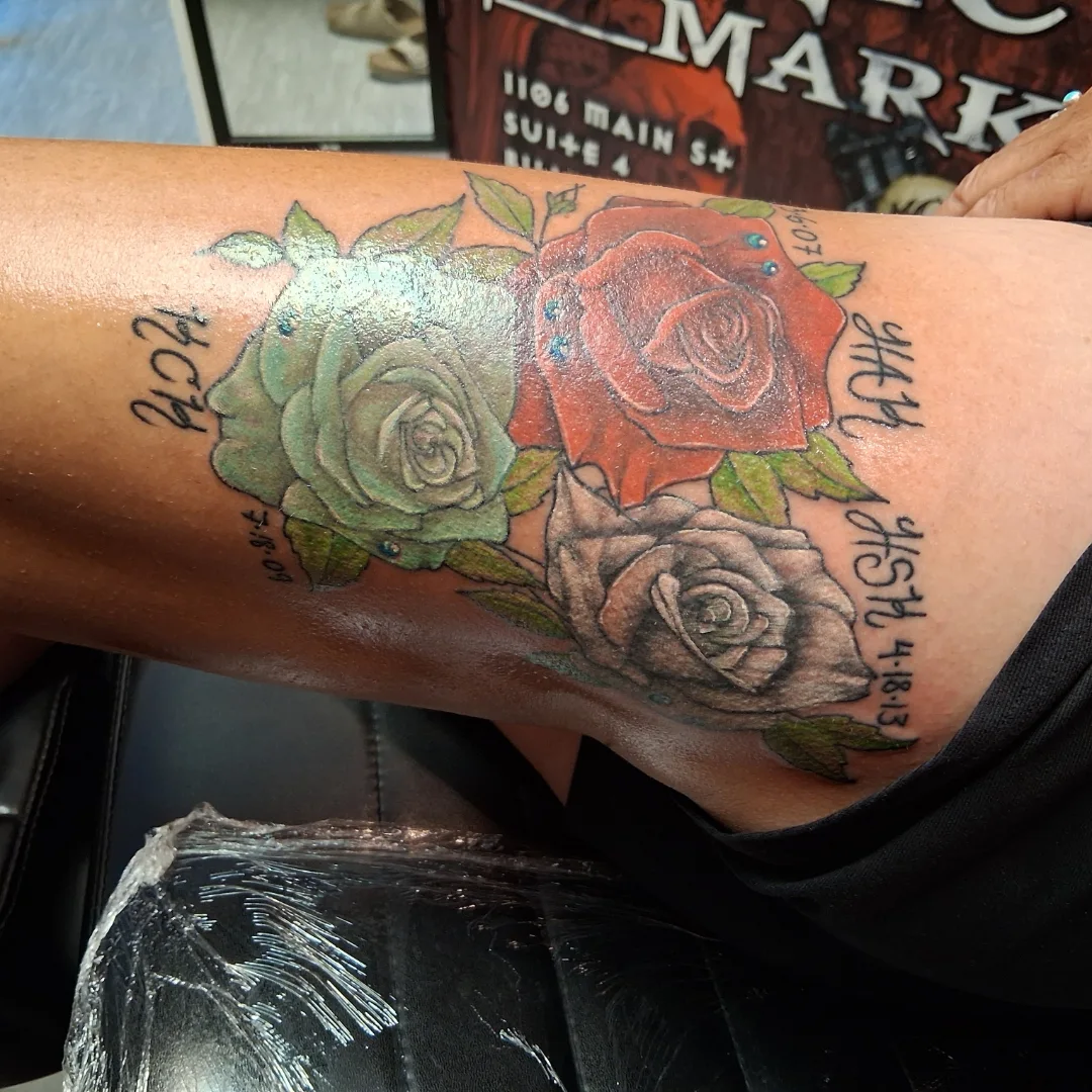Roses realism tattoo on the forearm by Dave Johnson, Billings, Montana
