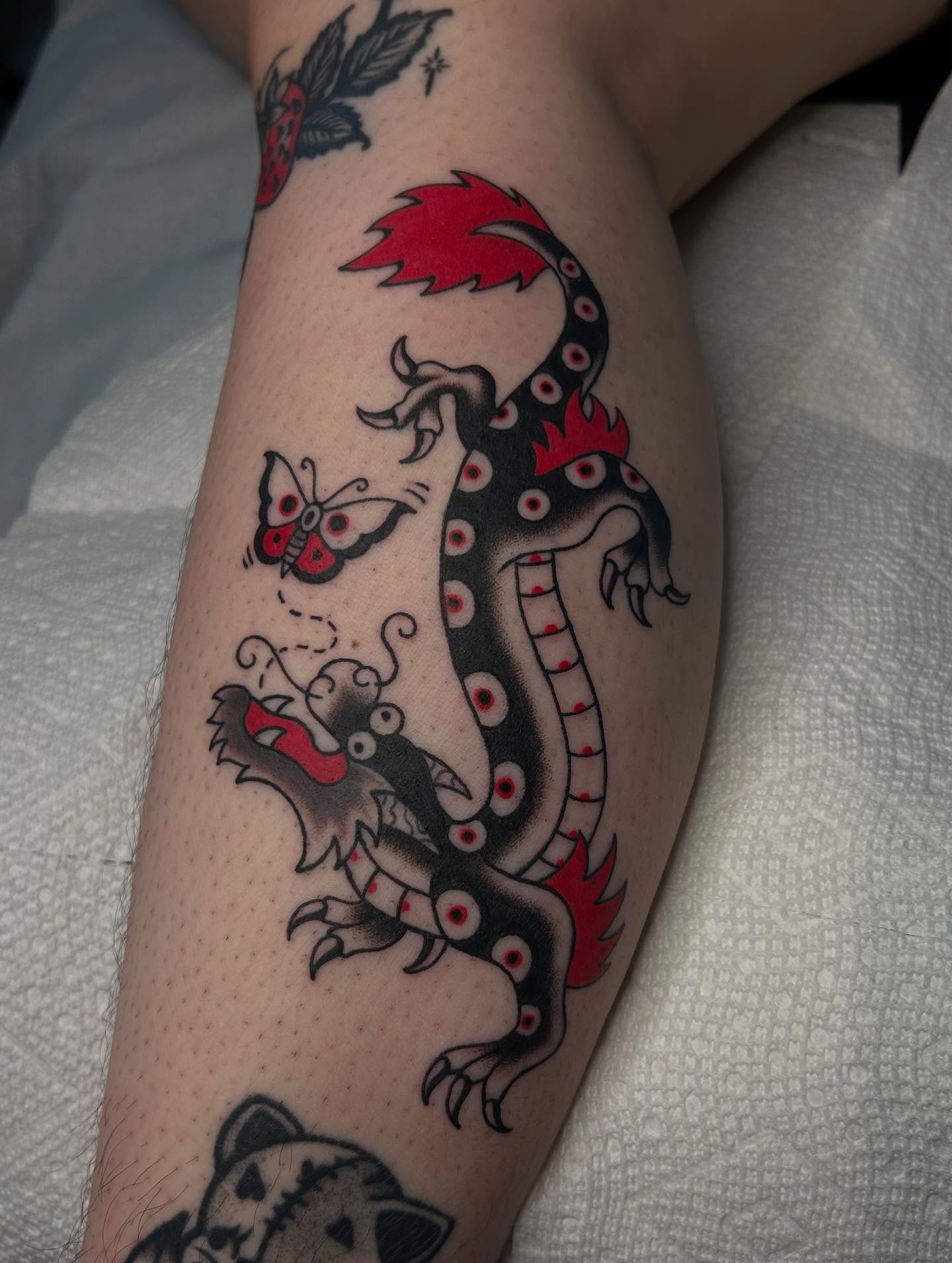 Dragon American traditional tattoo on the forearm by ☻ darby robertson ☻
