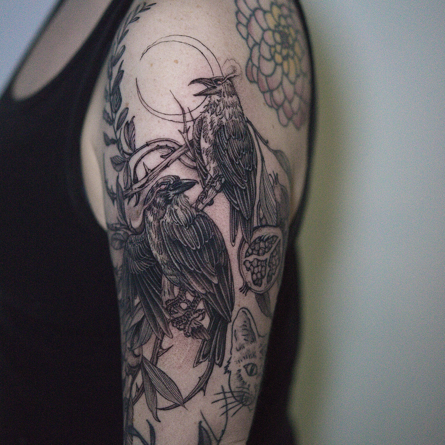 Birds and moon realism tattoo on the forearm by H I R A  L U P E - tattoo artist, Oakland, California