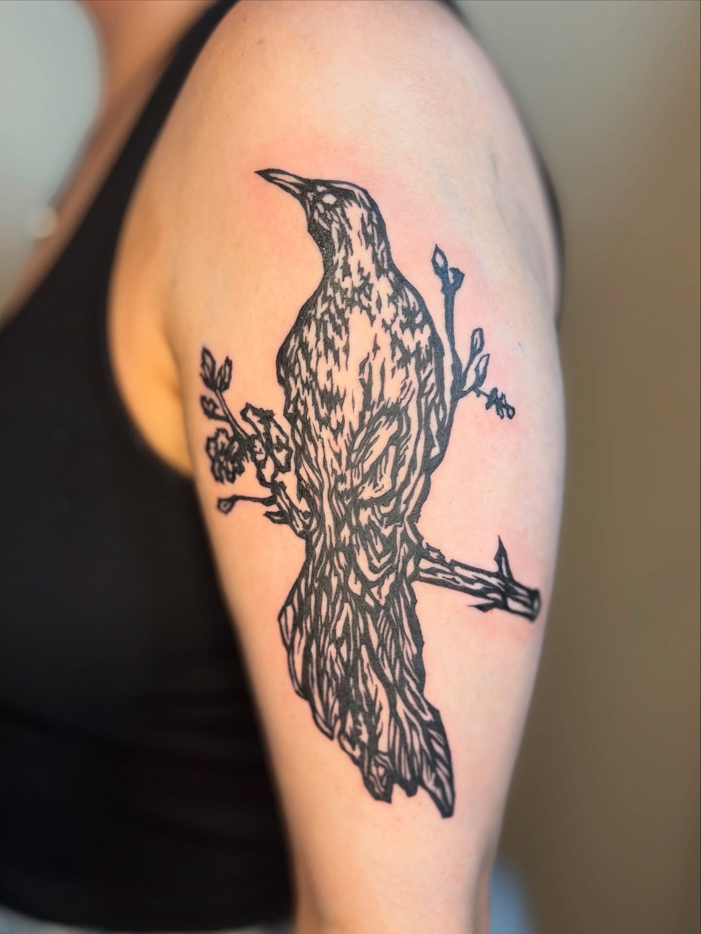 Bird black and grey tattoo on the shoulder by Wren Cavanaugh Tattoos, Seattle, Washington