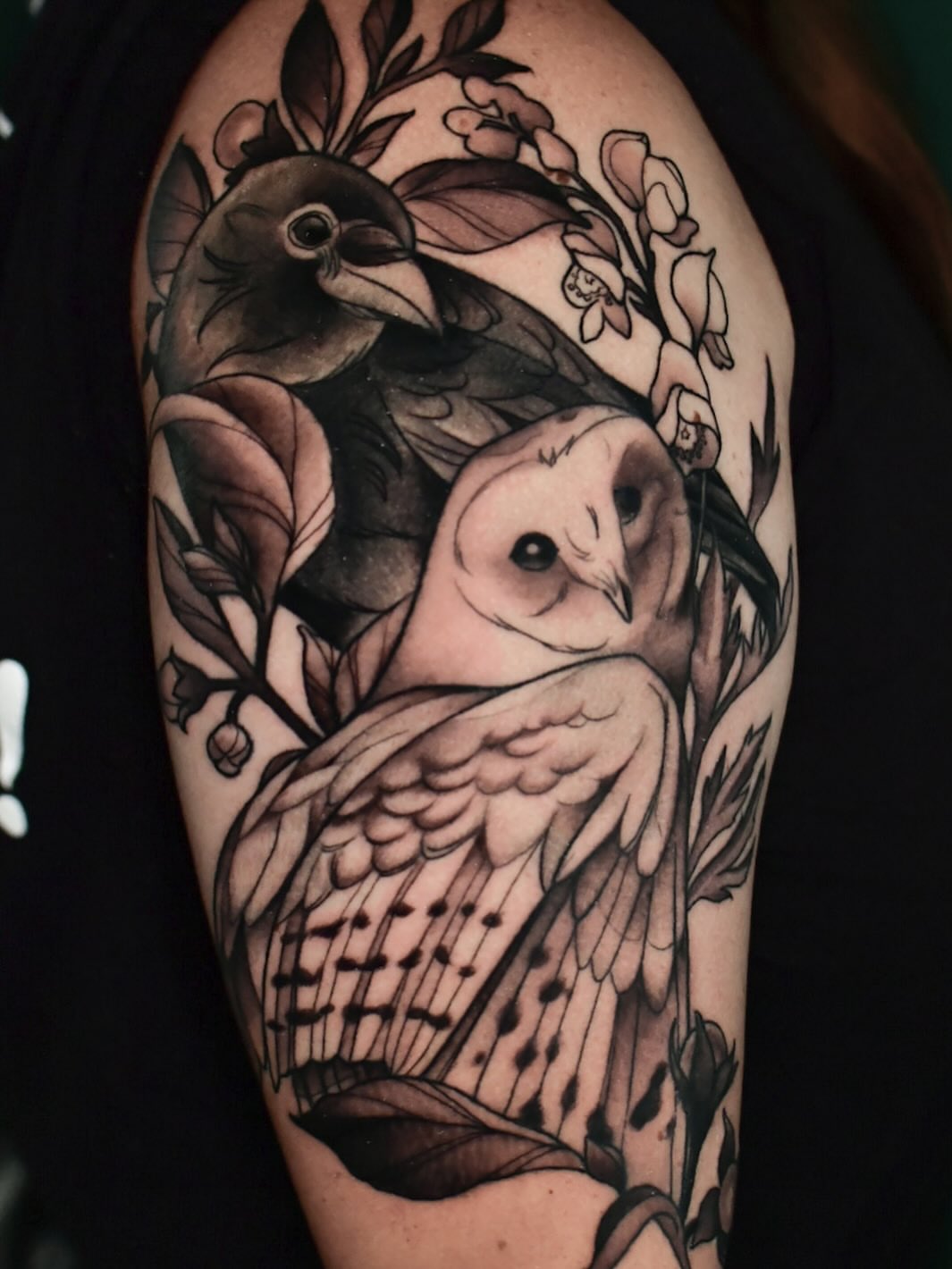 Owl and crow realism tattoo on the shoulder by Karina πΌ Orange County Tattoo Artist