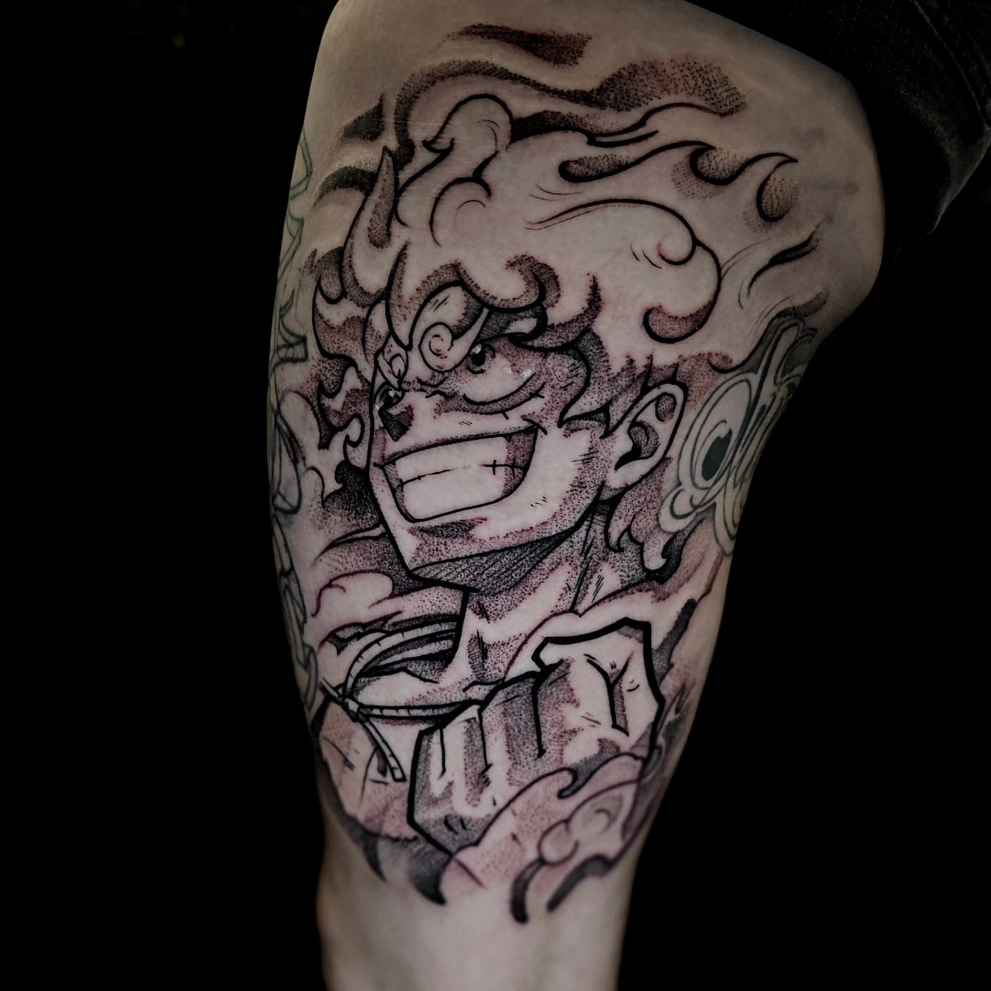 One piece character dotwork tattoo on the forearm by Cody Gower Tattoo Artist
