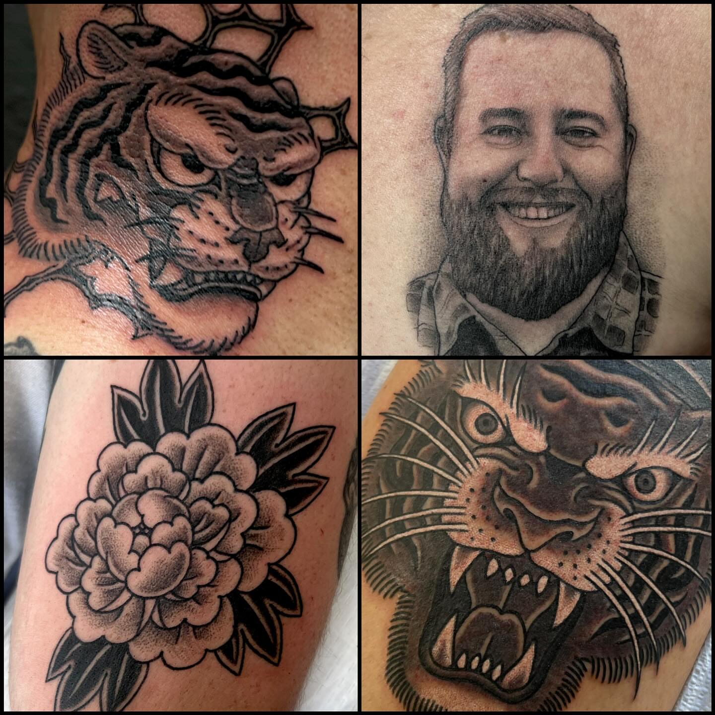 Tiger head American traditional tattoo on the upper arm by Rocky Burley, Georgetown, Texas