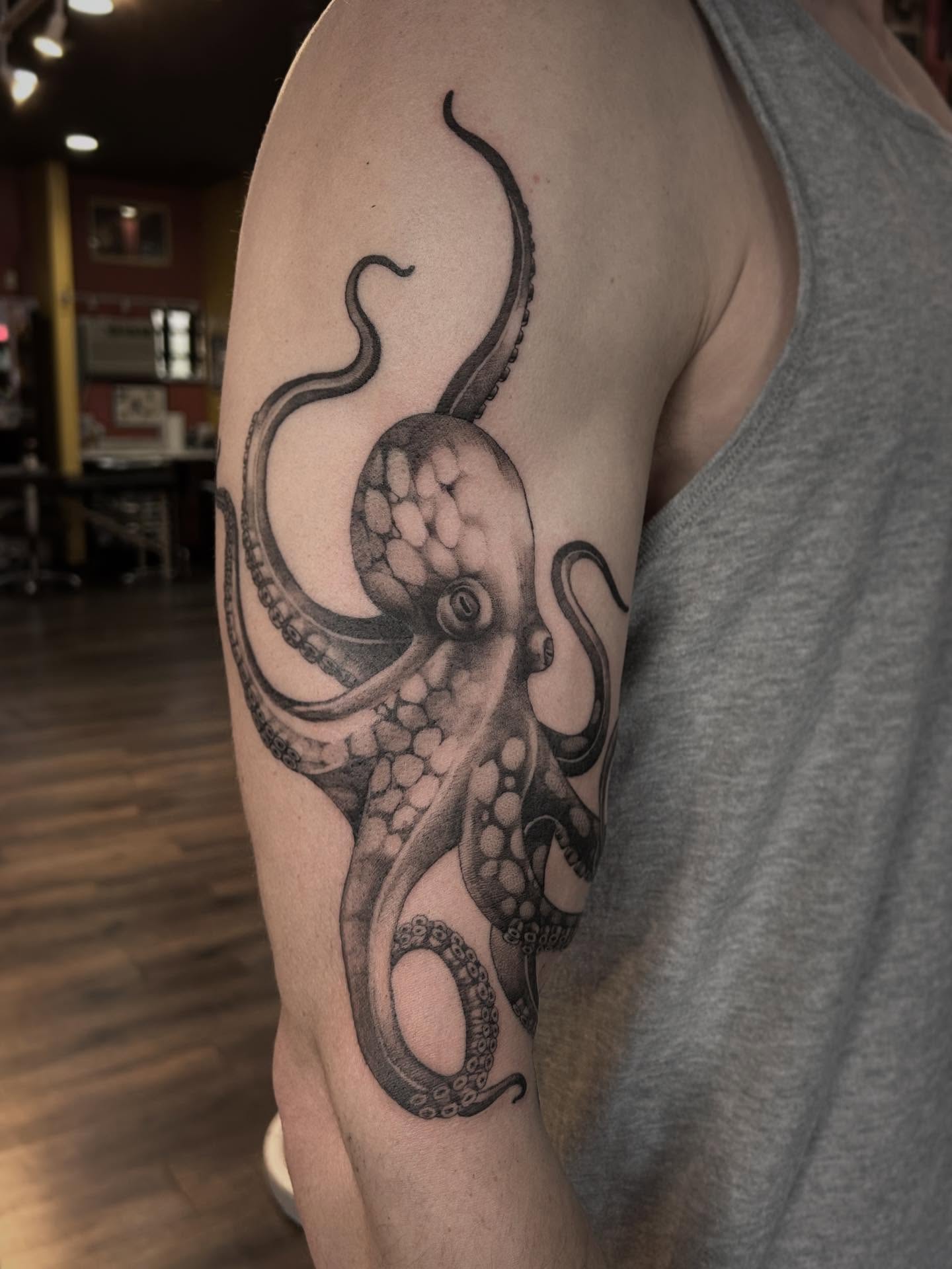 Octopus realism tattoo on the forearm by Tako, Seattle, Washington