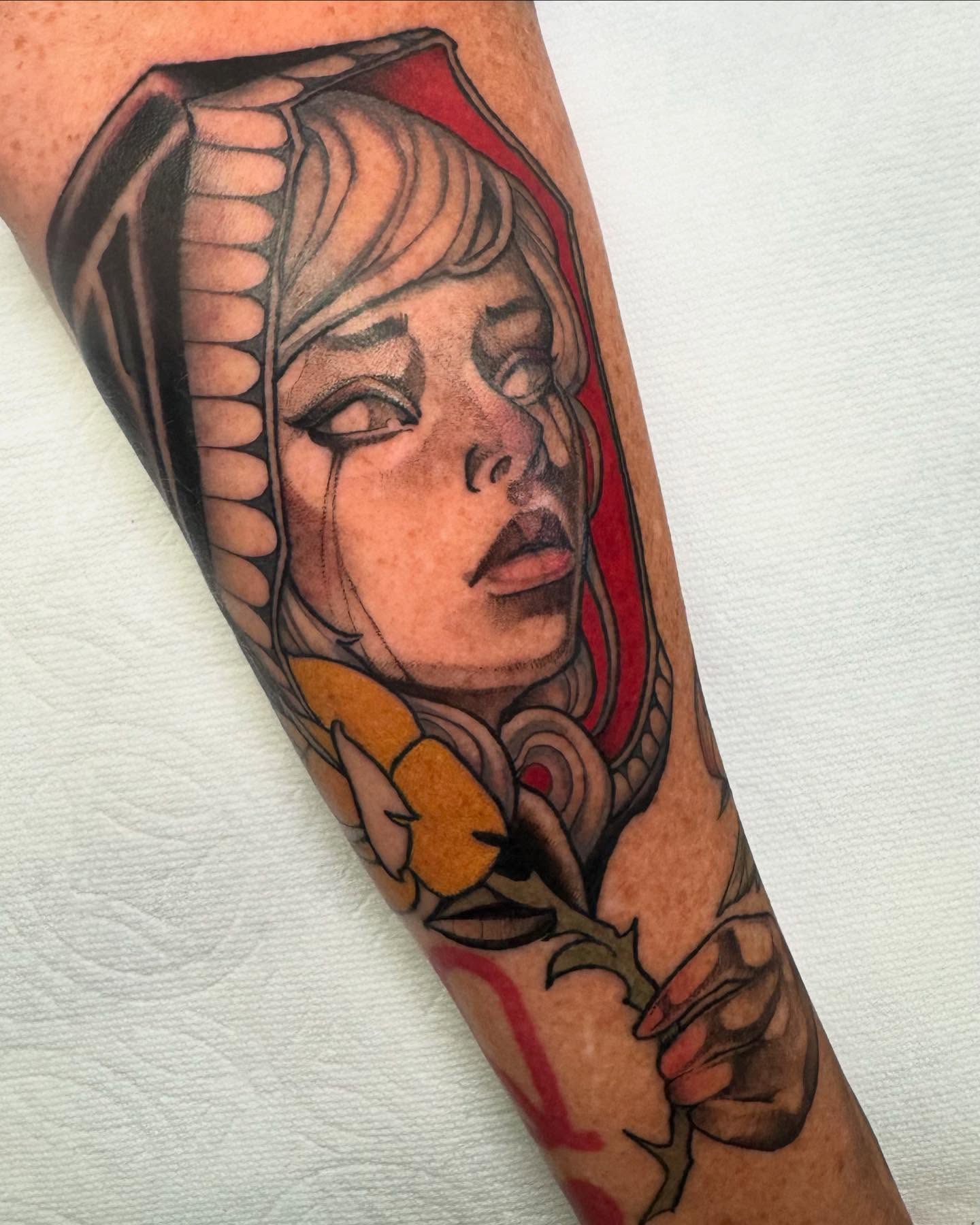 Woman with hood neo-traditional tattoo on the forearm by Neo-Traditional tattoos in Las Vegas