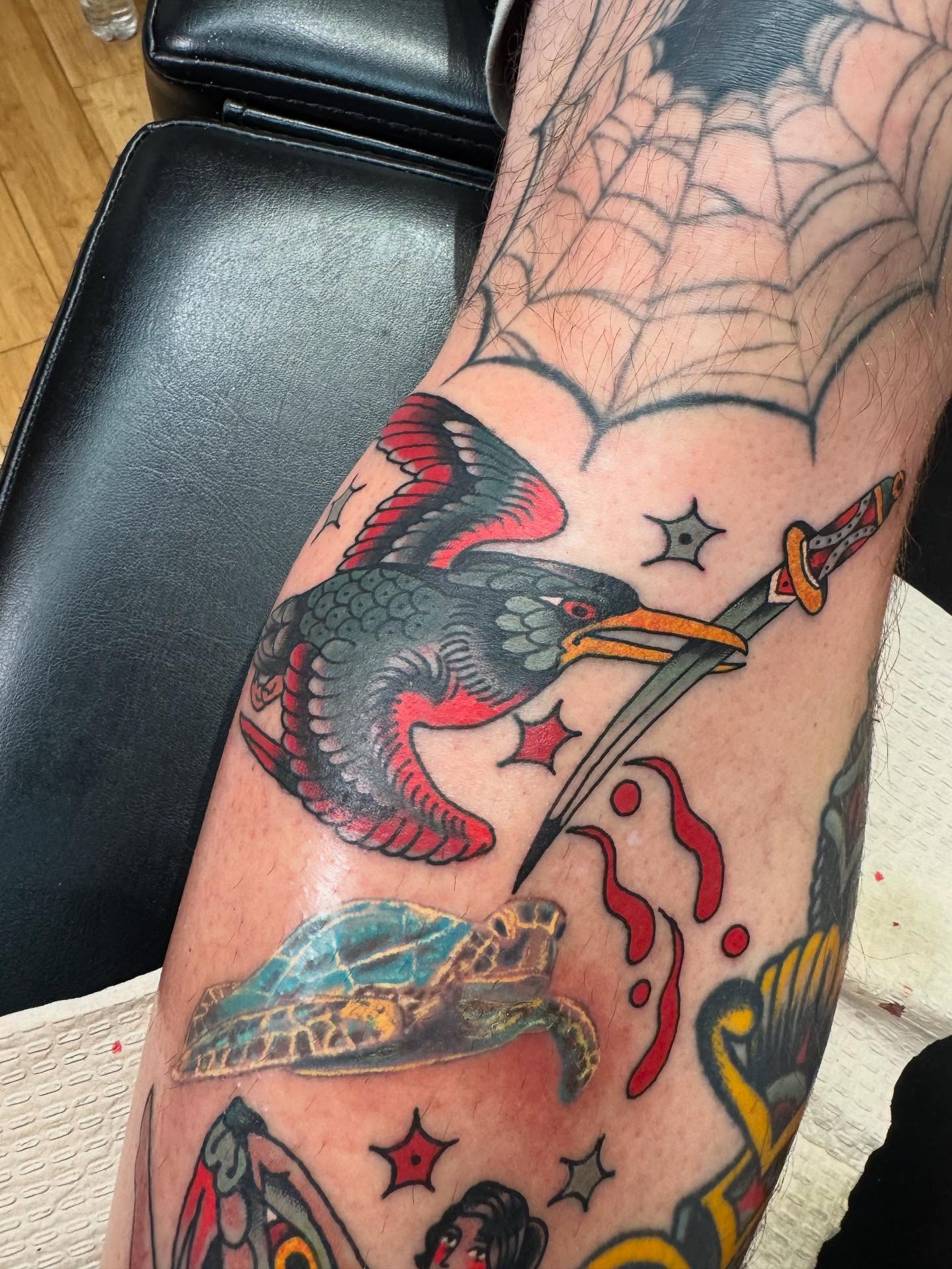 Bird with sword American traditional tattoo on the forearm by Joe Khay, Hackettstown, New Jersey