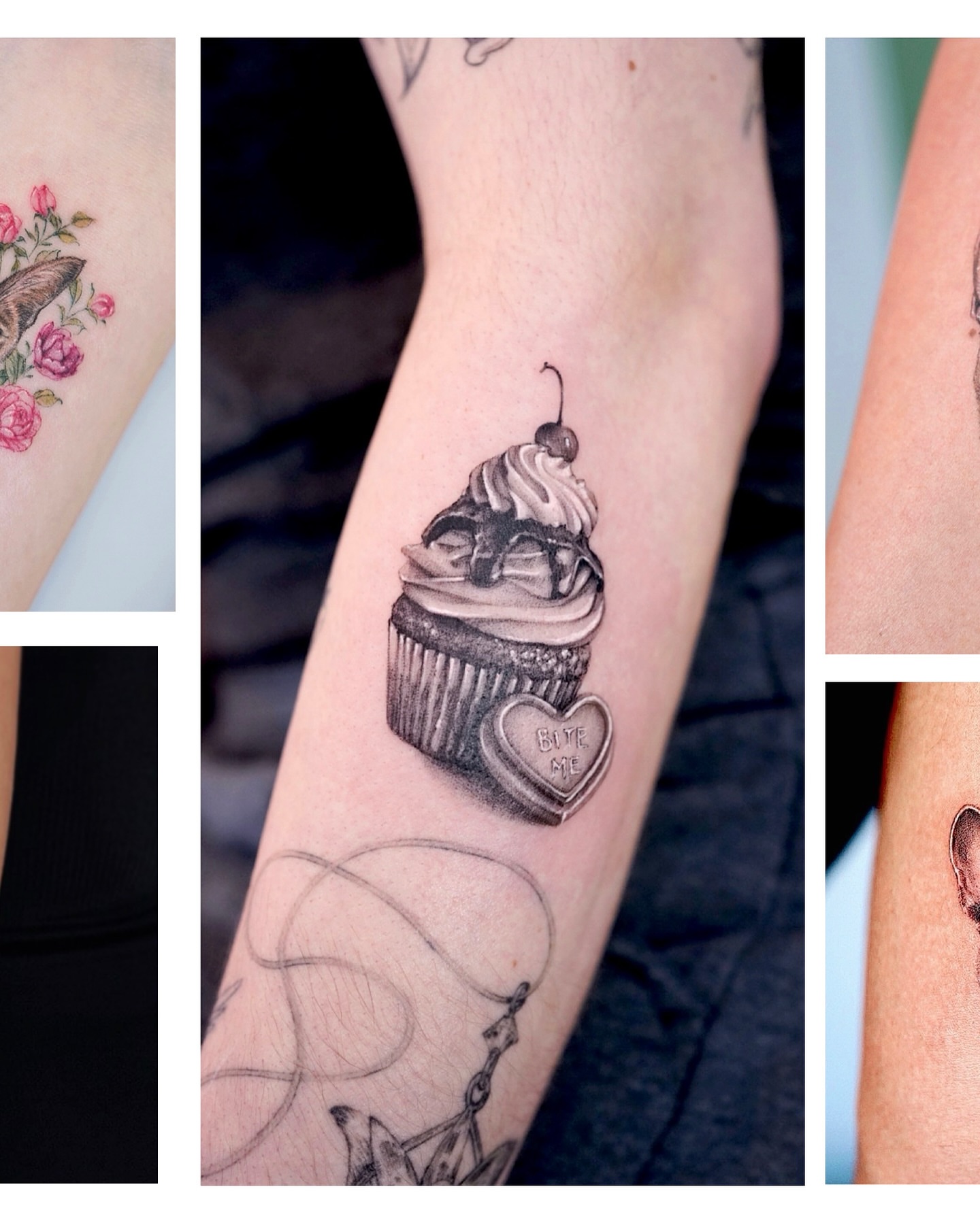 Cupcake with cherry realism tattoo on the forearm by Lily, Los Angeles, California