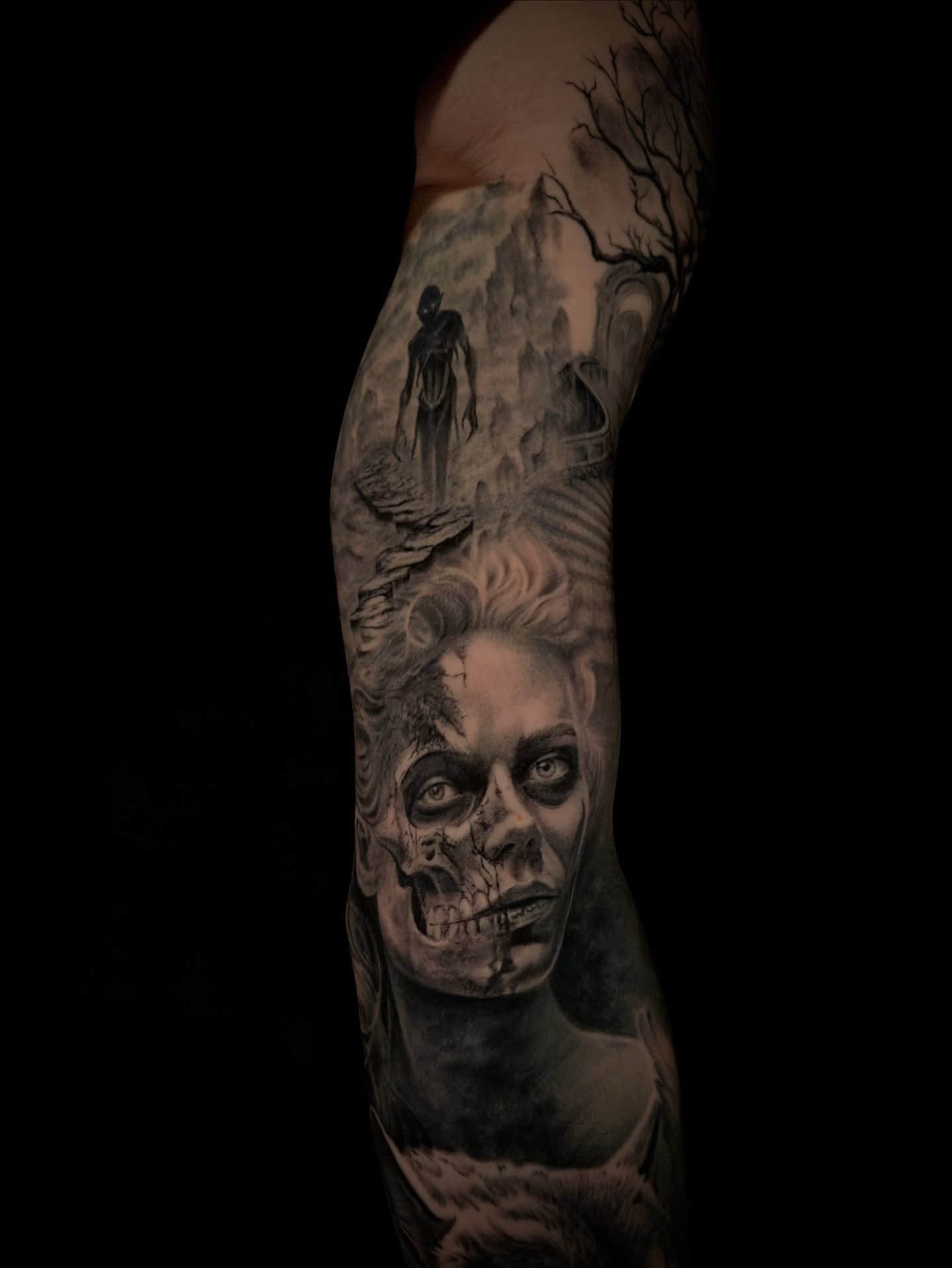 Zombie woman dark realism tattoo on the forearm by Nic Luna
