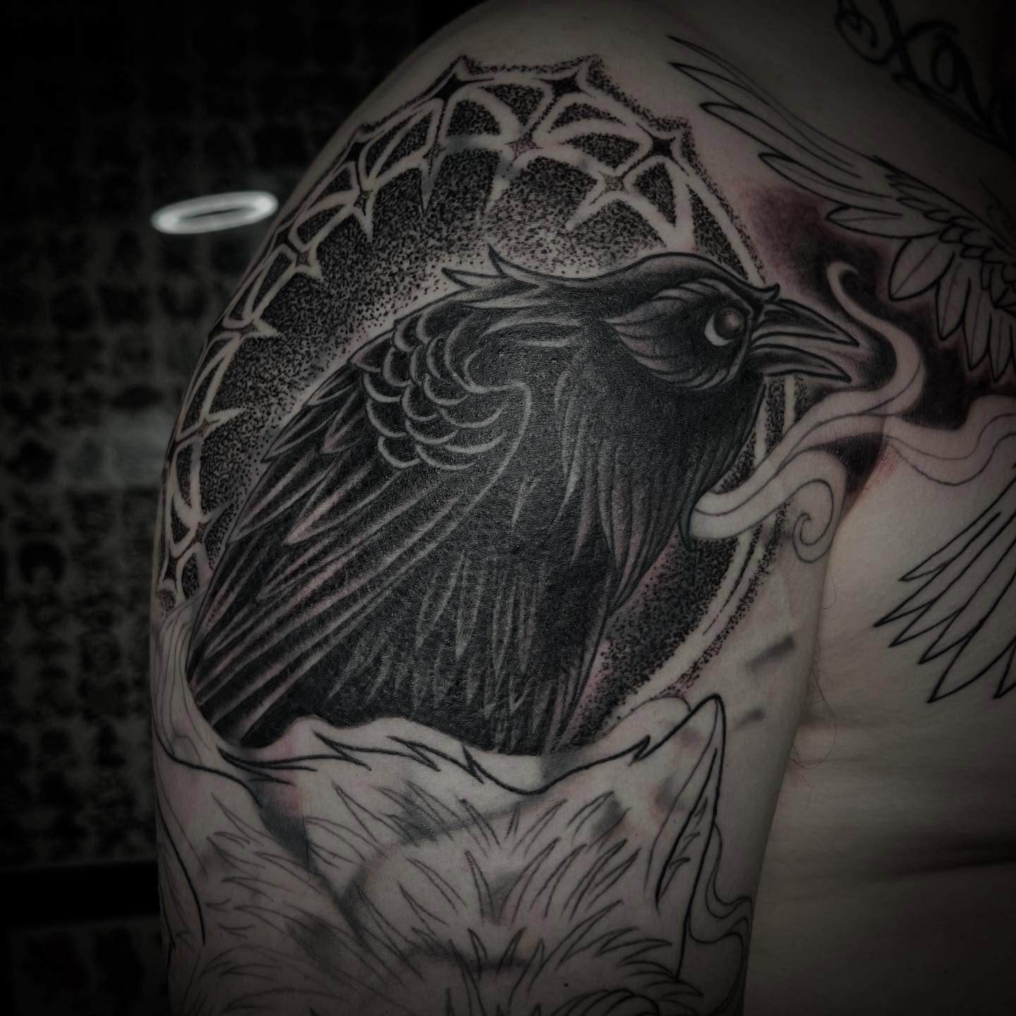Tattoo by @velesara_tattoo — dotwork, black_and_grey