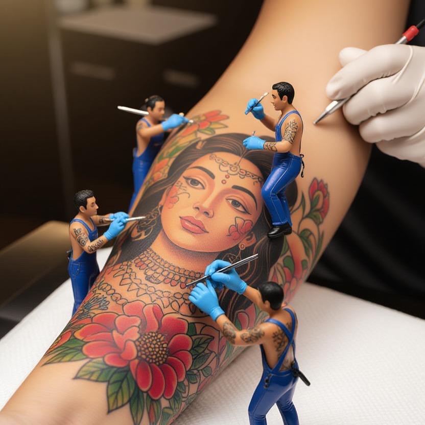 Portrait of a woman American traditional tattoo on the forearm by Ray Wiggins