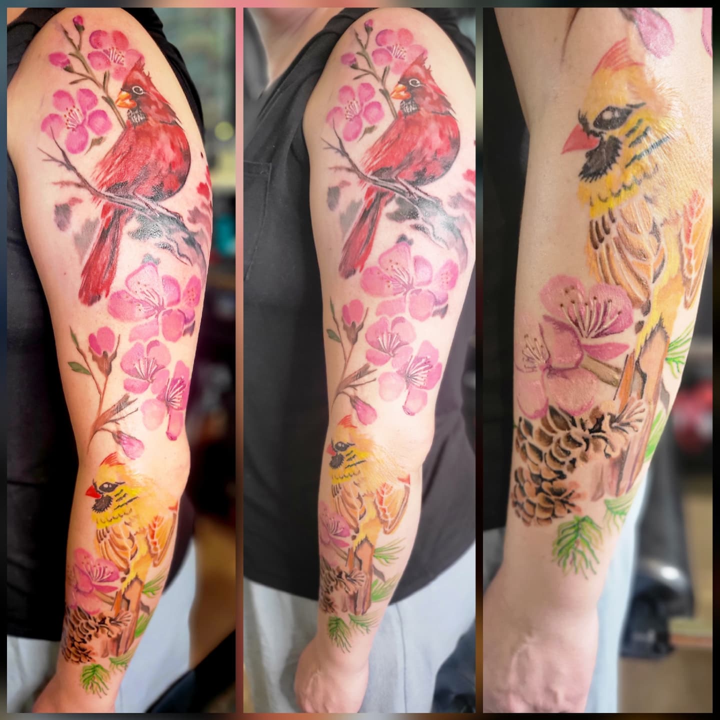 Cardinal and cherry blossoms watercolor tattoo on the forearm by Naez Ink AKA Renae Madison, Macomb, Illinois