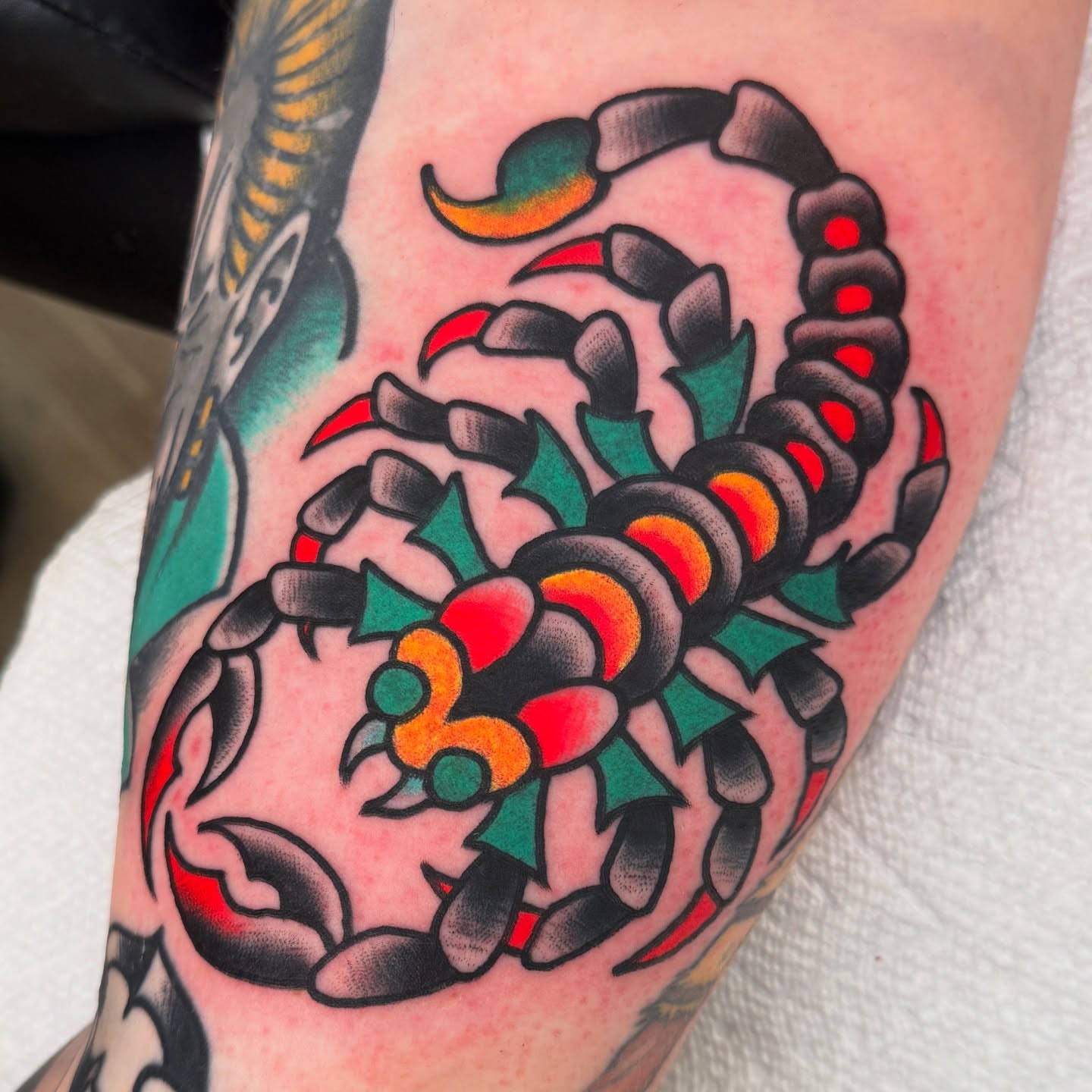 Scorpion American traditional tattoo on the forearm by Cullen Bleser Quinn