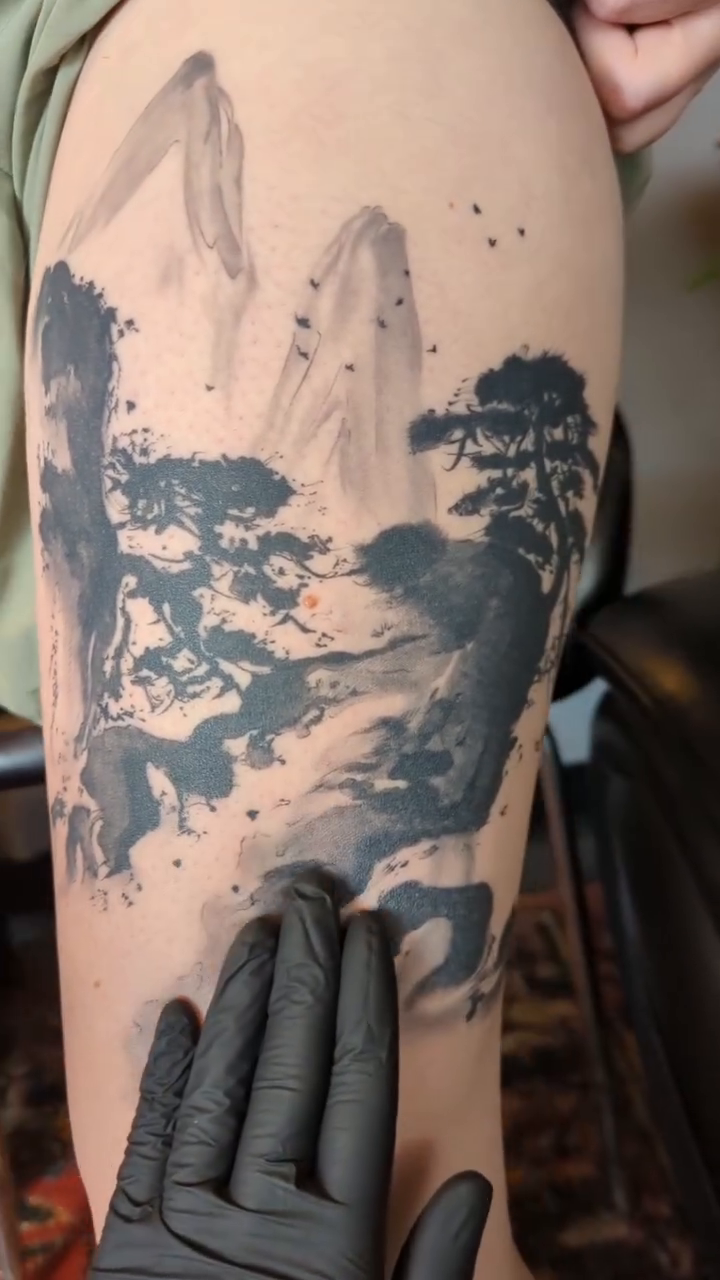 Mountain landscape with pine trees japanese irezumi tattoo by Jhenn