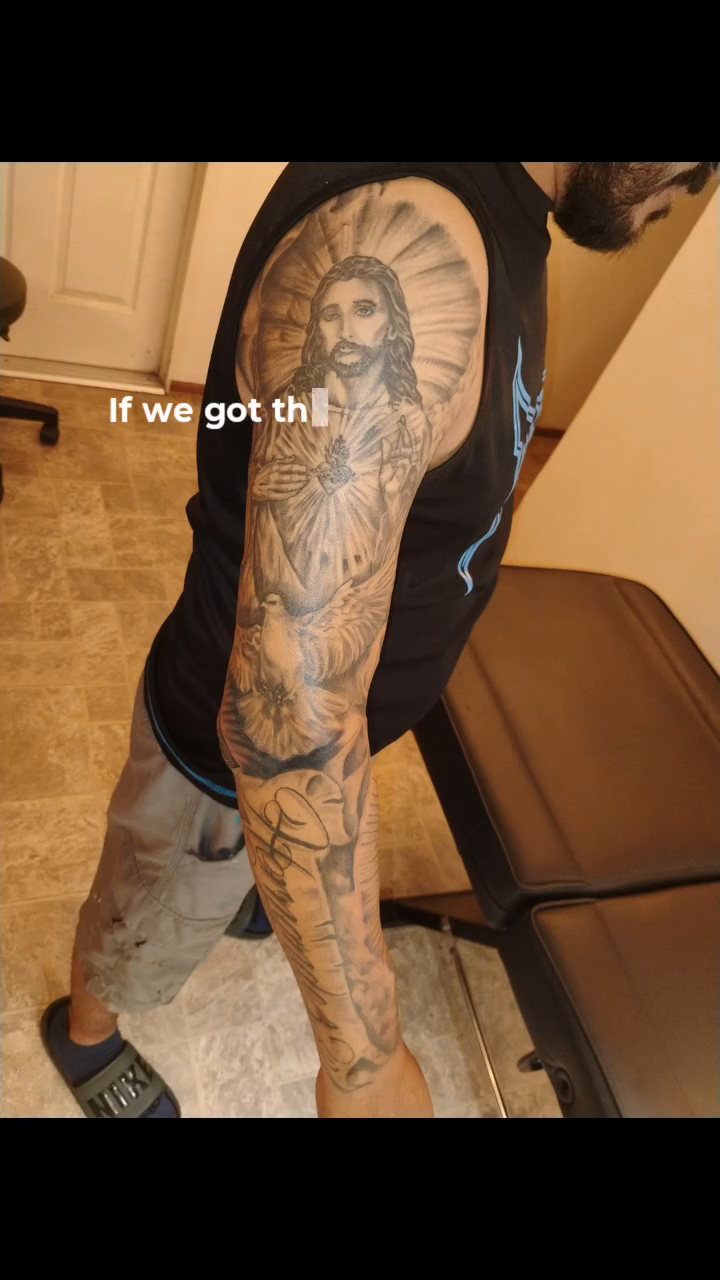Religious imagery sleeve Chicano tattoo on the leg by Alfredo Sosa