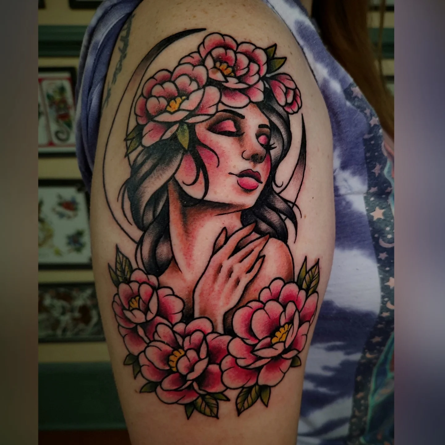 Flower crown woman American traditional tattoo on the shoulder by Hope Higgins