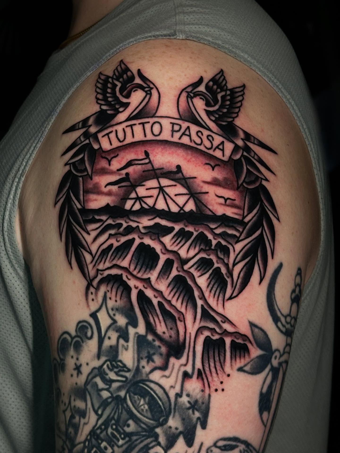 Shipwreck American traditional tattoo on the shoulder by Tony Perez- Austin Texas Tattooer