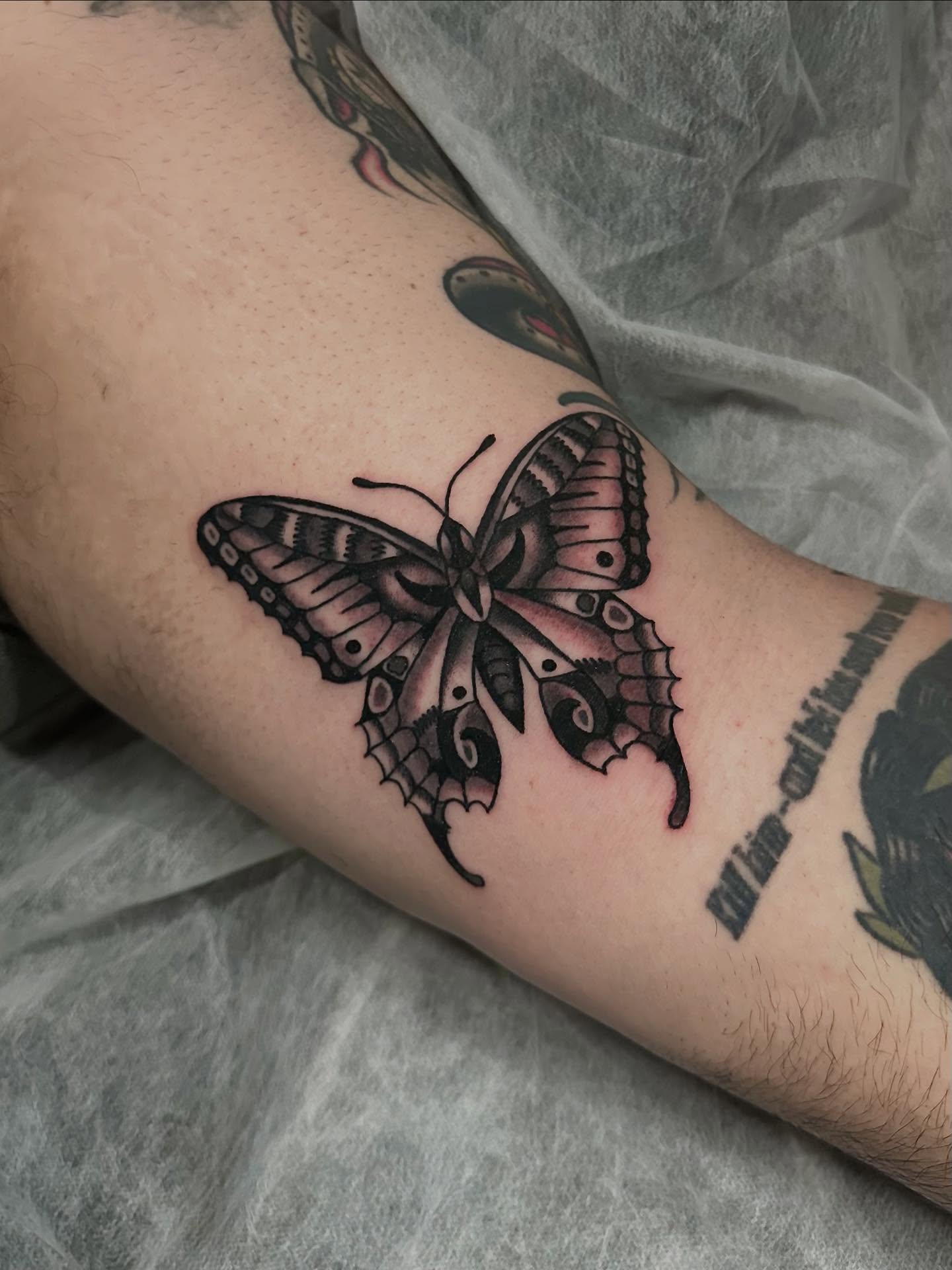 Butterfly black and grey tattoo on the forearm by Tony Perez- Austin Texas Tattooer