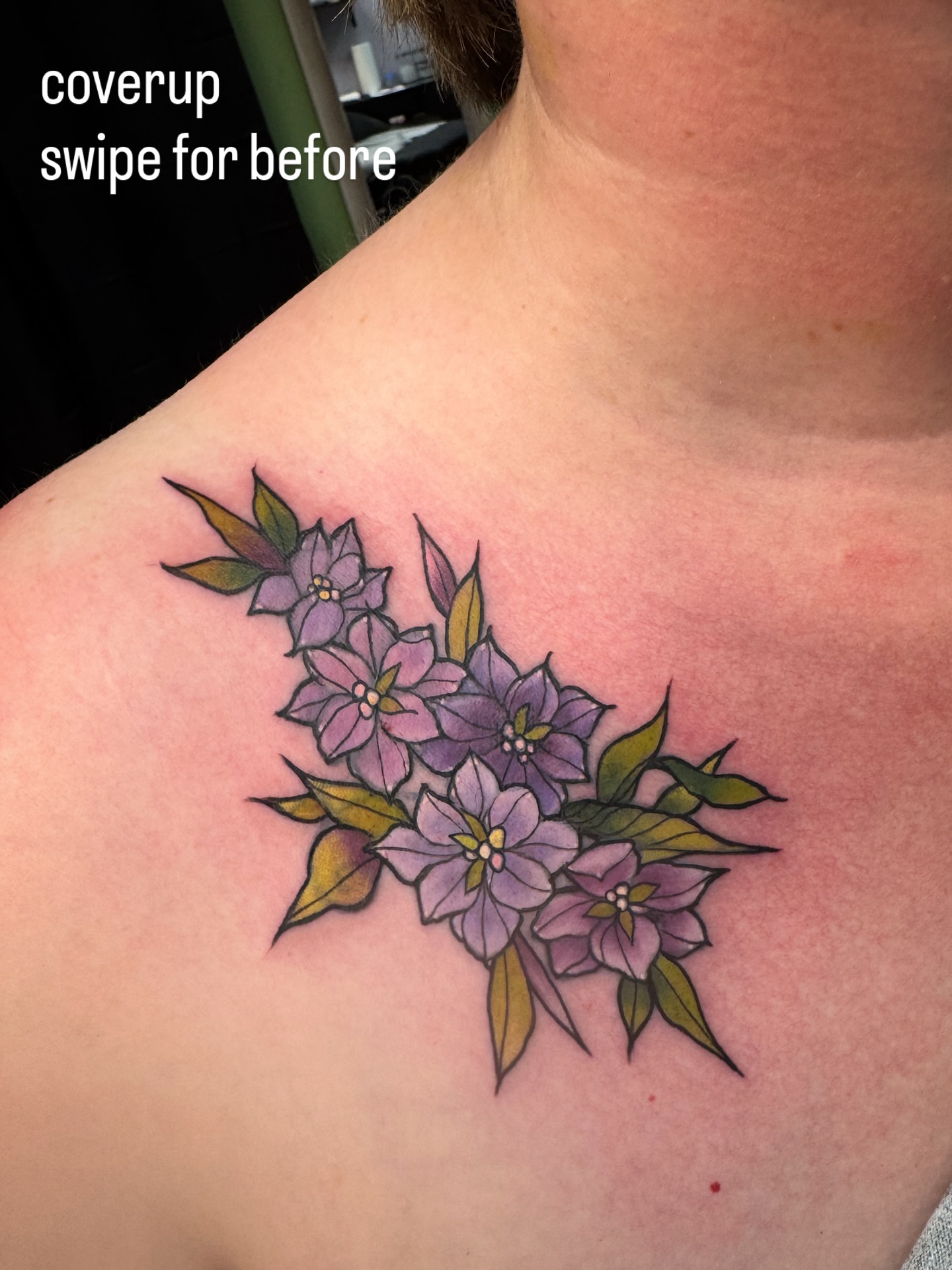 Flower bouquet new school tattoo on the shoulder by Michael Langdale