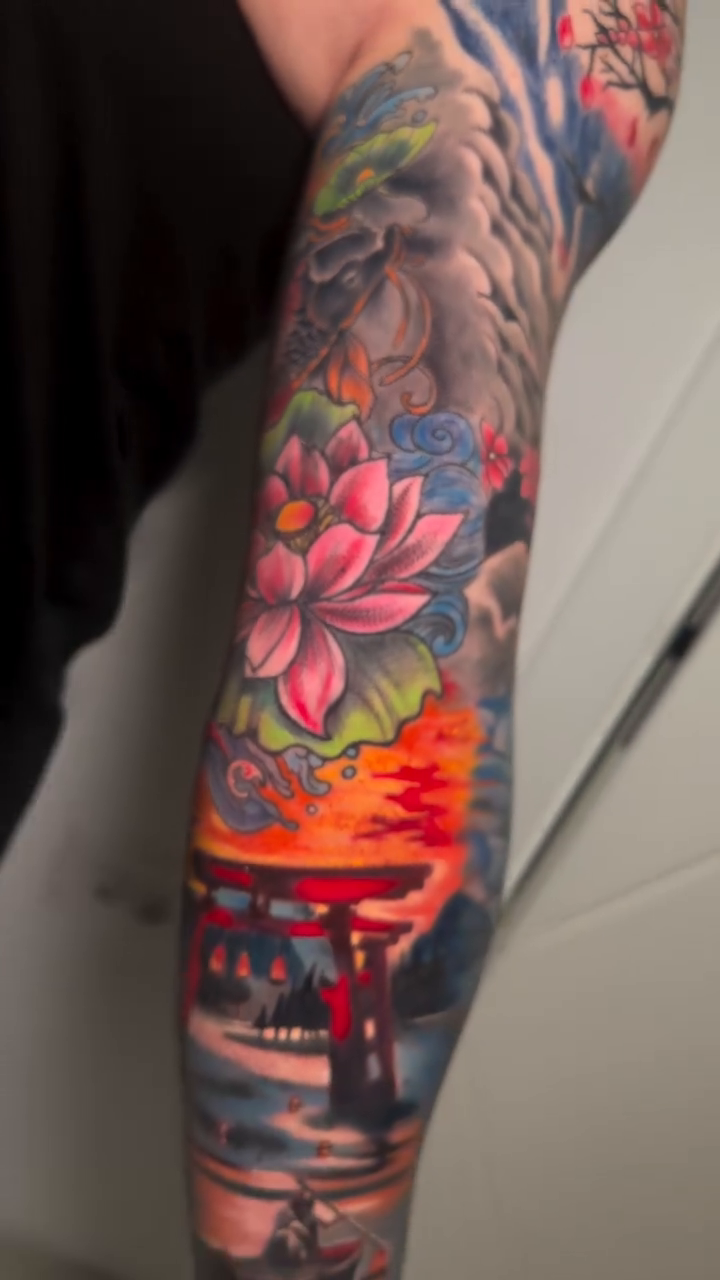 Pagoda and torii gate japanese irezumi tattoo by Anghel Patricia
