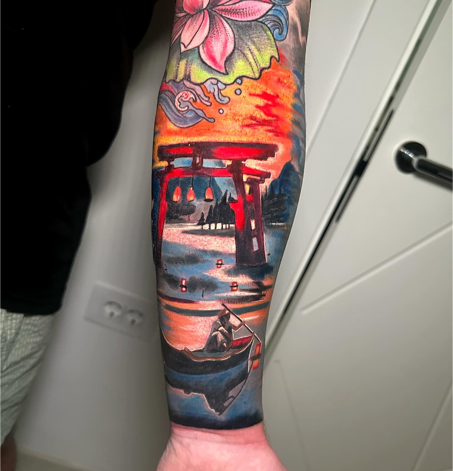 Japanese torii gate japanese irezumi tattoo on the forearm by Anghel Patricia