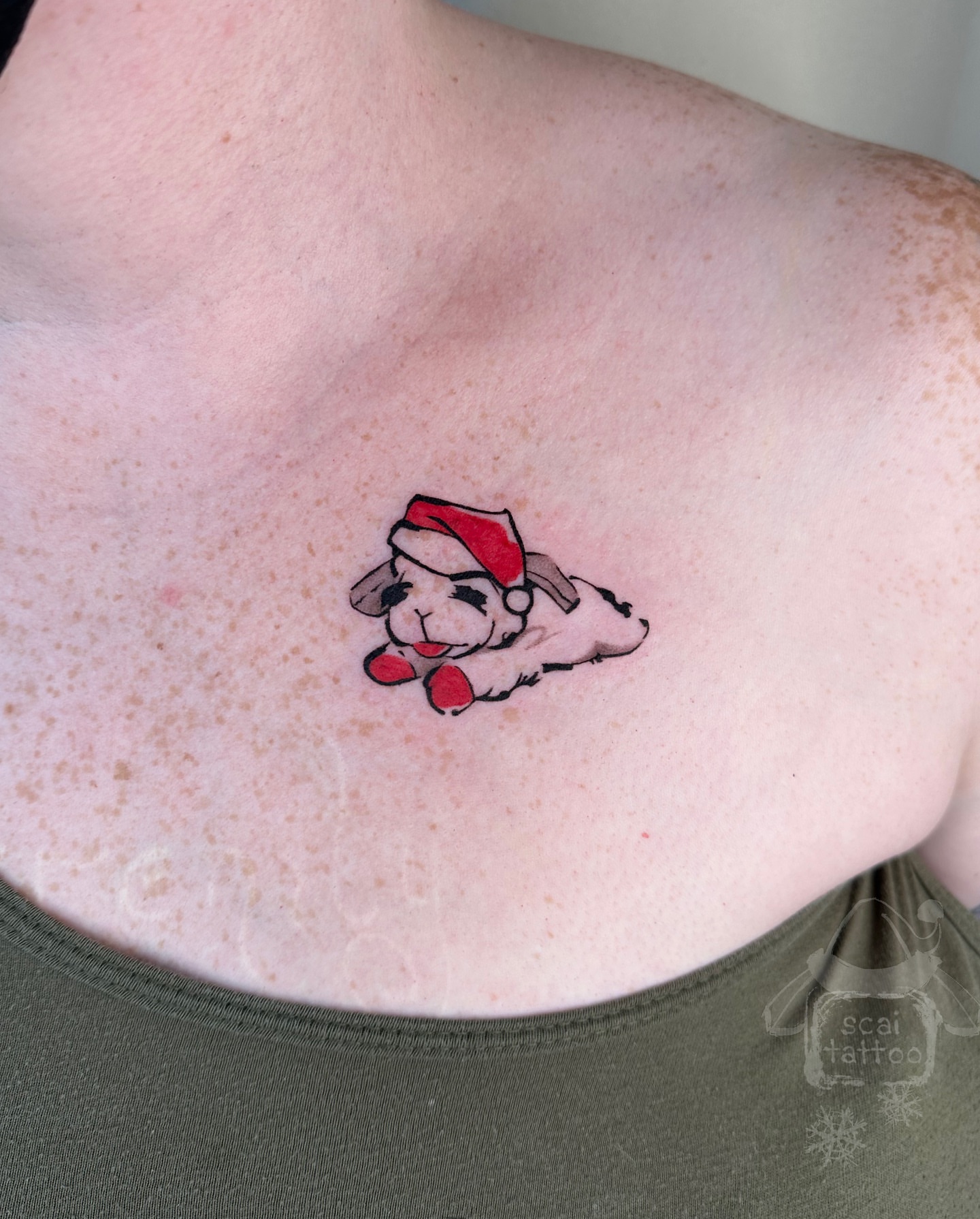 Christmas lamb dotwork tattoo on the chest by scaitattoo