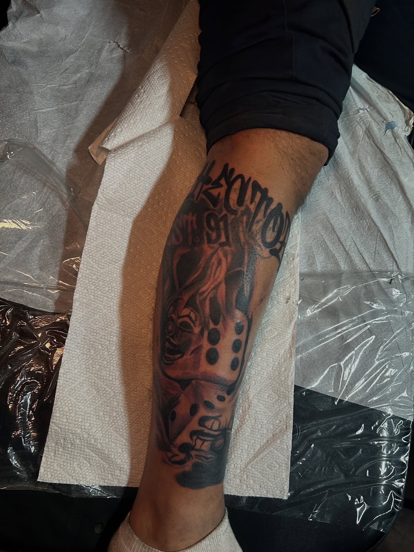 Dice and skull dotwork tattoo on the forearm by ๐AK