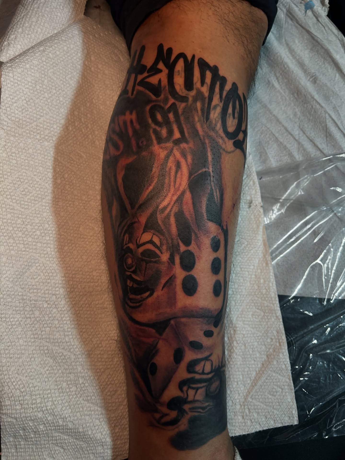 Dice with flames realism tattoo on the forearm by ๐AK