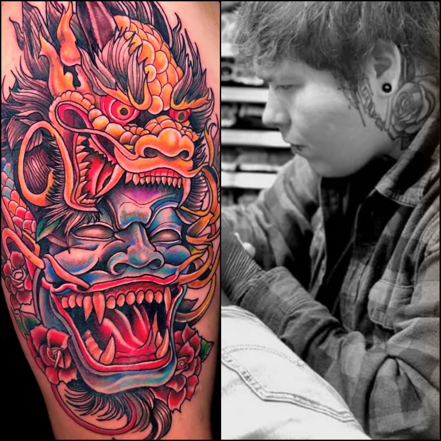Demon mask japanese irezumi tattoo on the forearm by Morgan Jones
