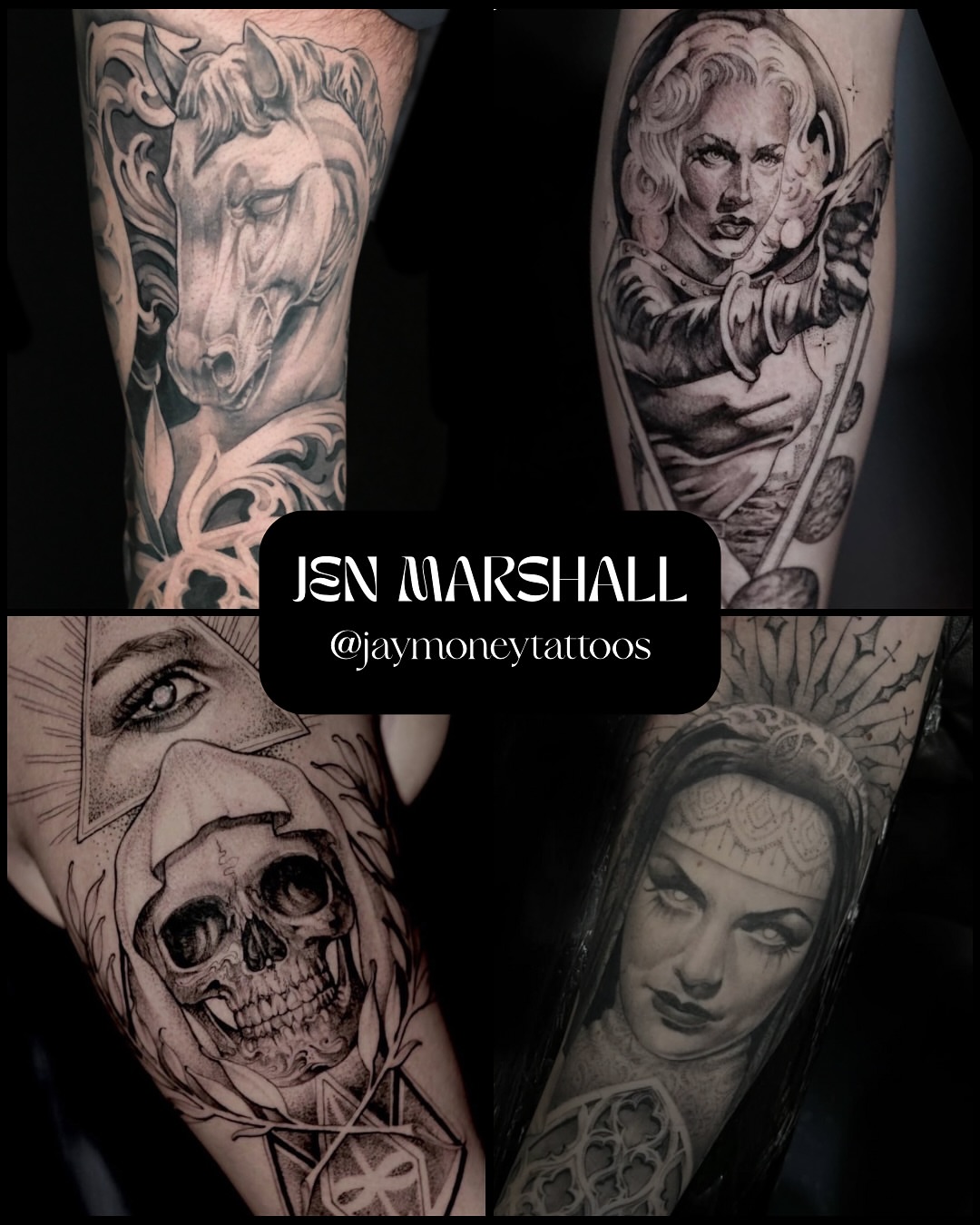 Horse, angel, skull, woman dotwork tattoo on the forearm by Matt Klass
