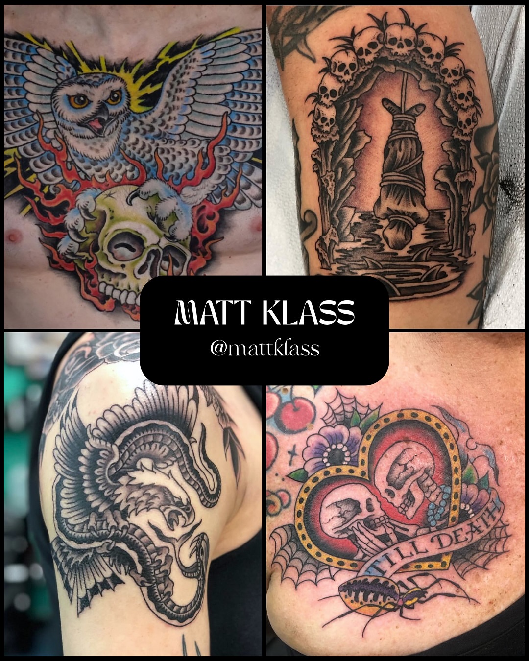 Owl and skull American traditional tattoo on the chest by Matt Klass