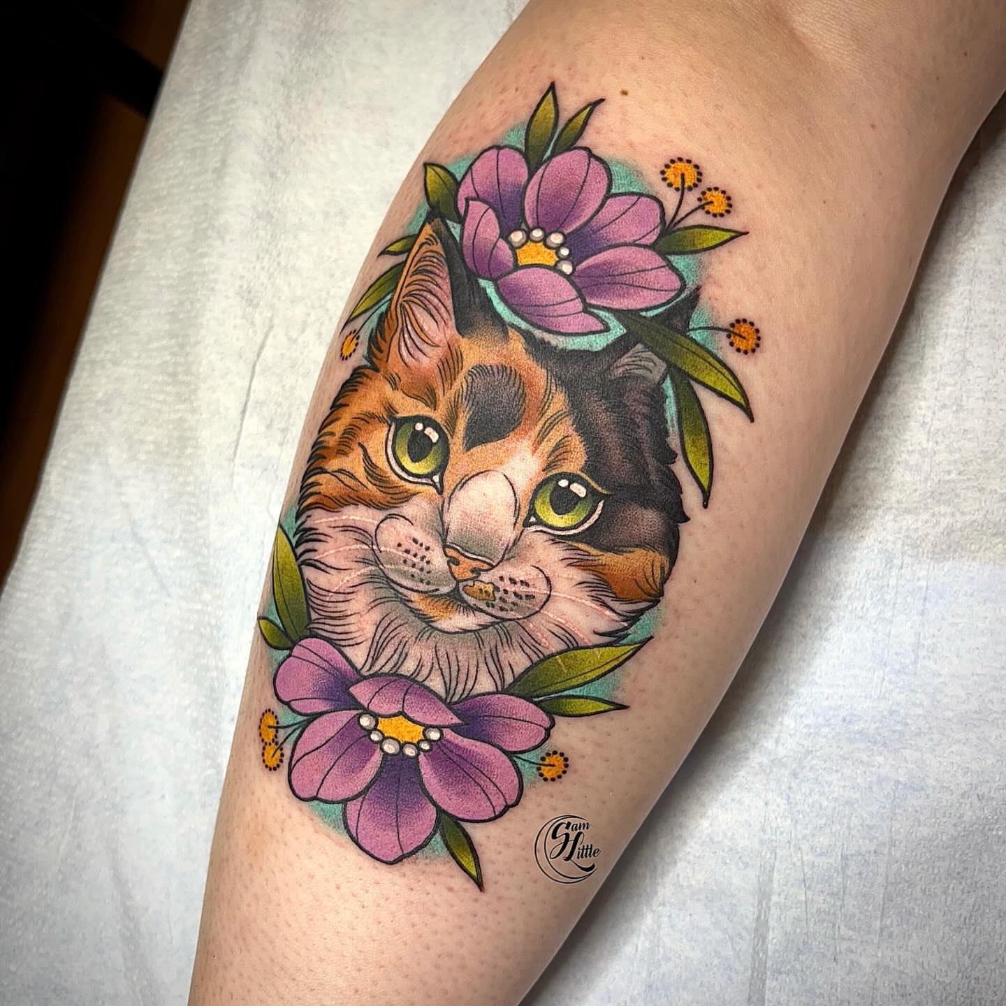 Cat and flowers American traditional tattoo on the forearm by 𝓢𝓪𝓶 𝓛𝓲𝓽𝓽𝓵𝓮