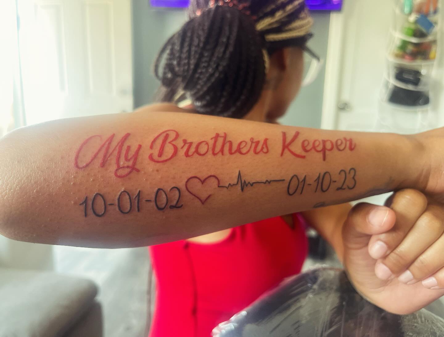 My Brothers Keeper lettering script tattoo on the forearm by Bris