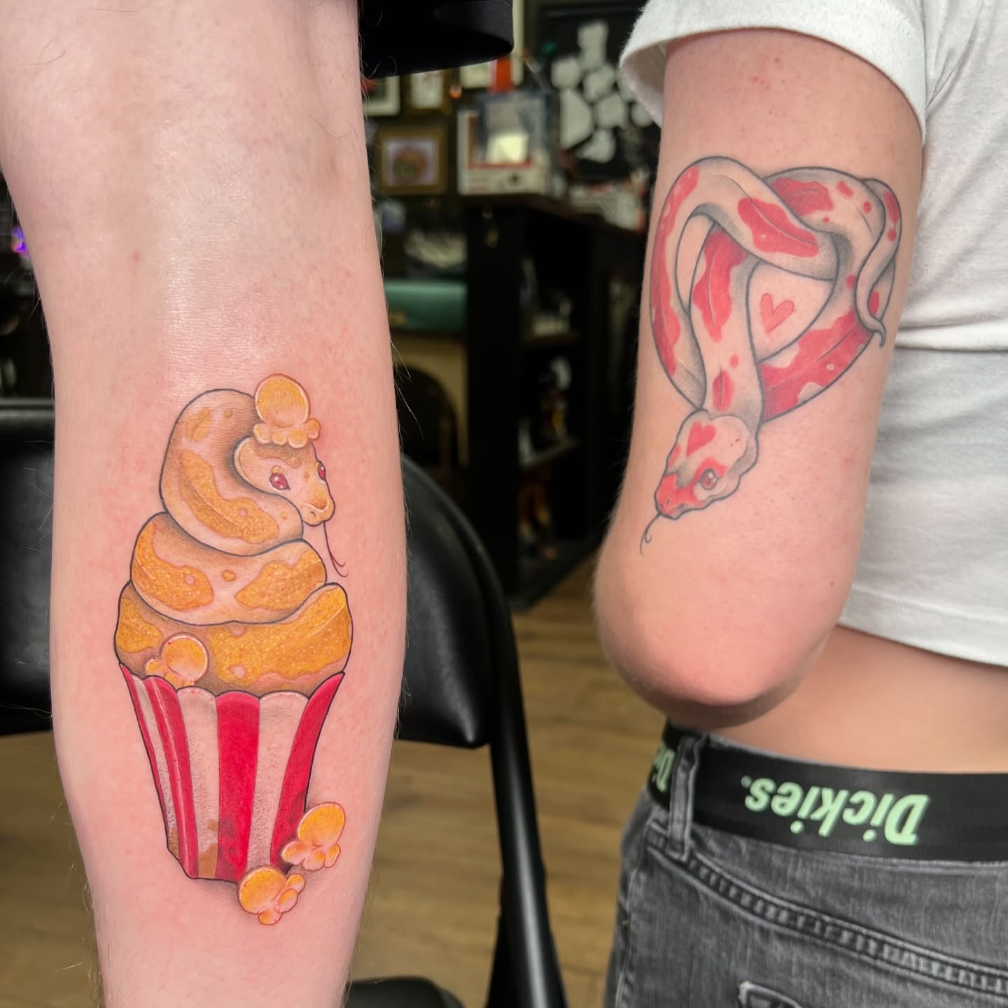 Cupcake snake new school tattoo on the forearm by Maia Papaya Tattoos 🐝 Olympia Tattoo Artist