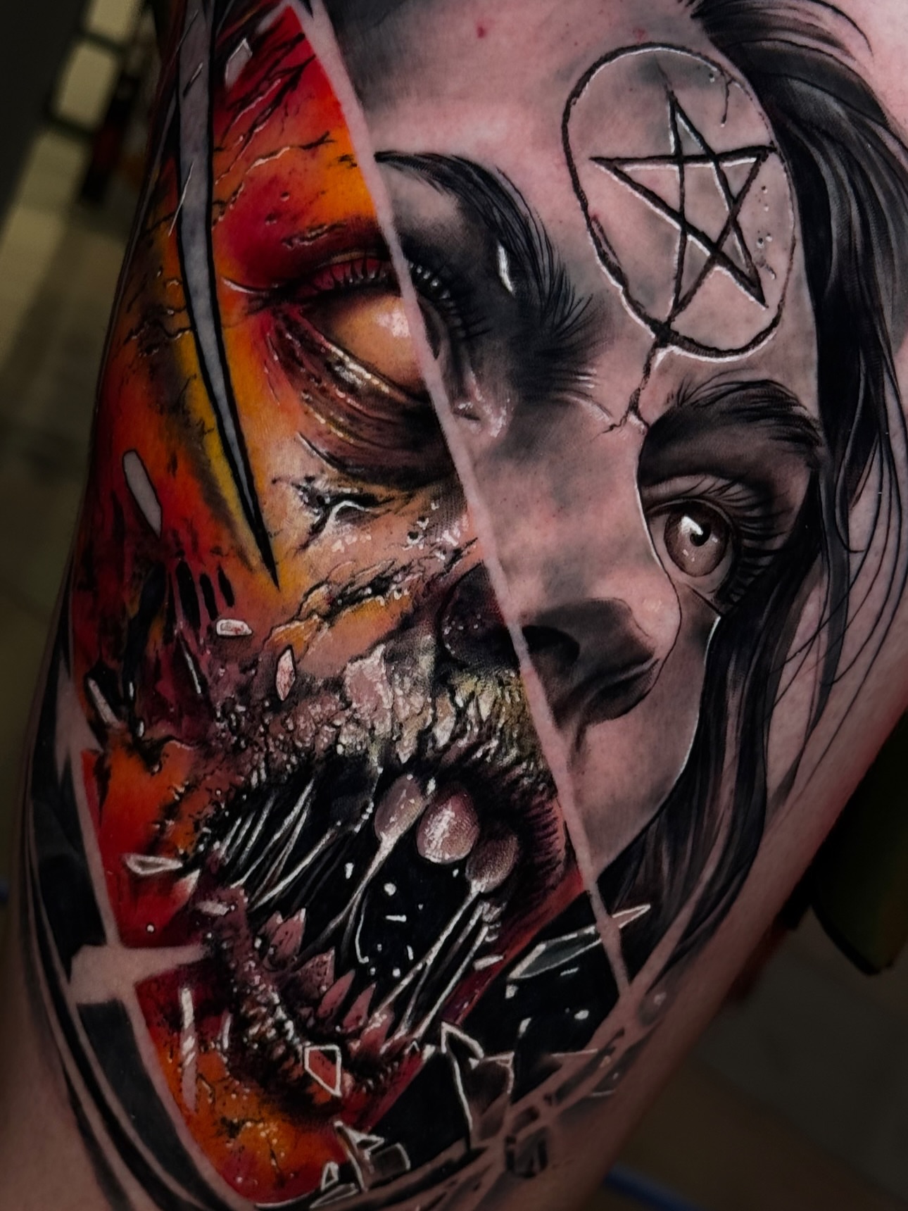 Demon face dark realism tattoo on the shoulder by Juan Pablo Molina