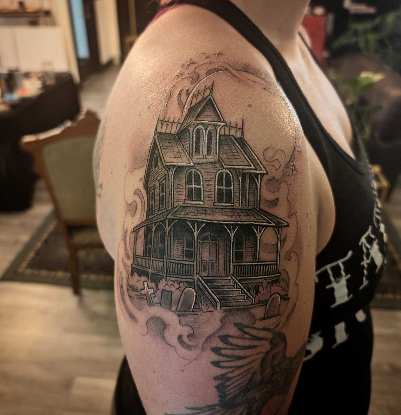 Haunted house realism tattoo on the shoulder by Ashton Allen-Ruiz, Portland, Oregon