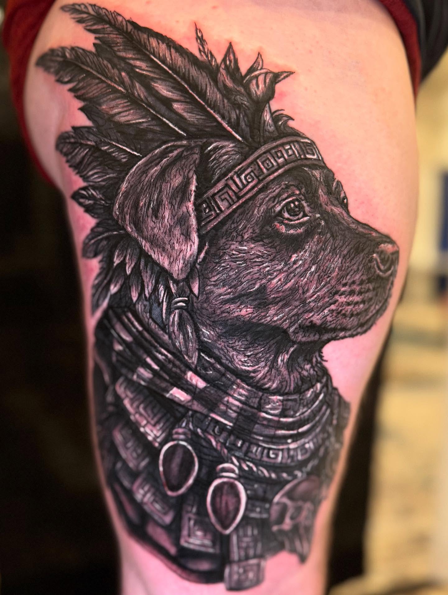 Dog wearing armor realism tattoo on the forearm by Therapy ink