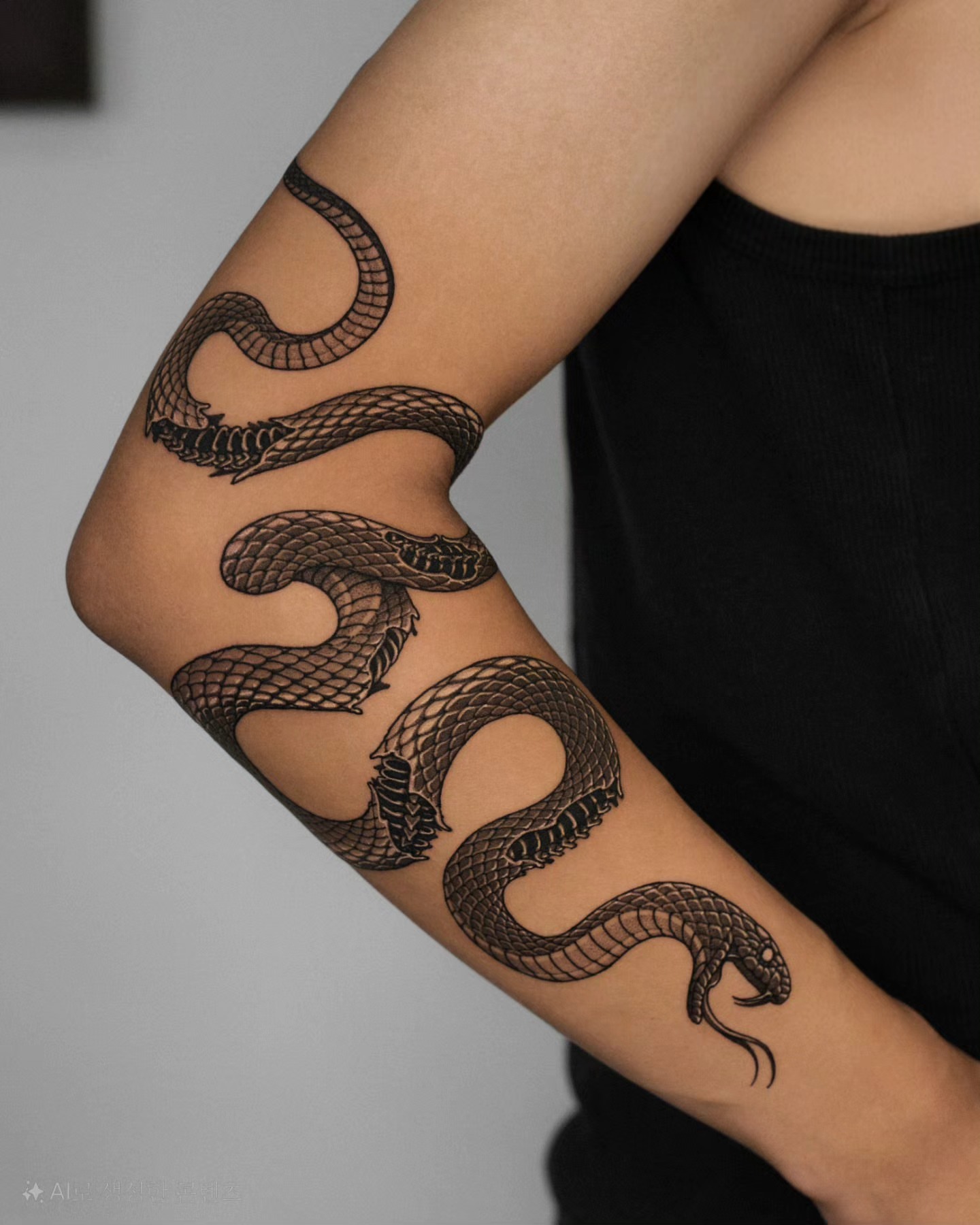 Snake black and grey tattoo on the forearm by 쿠노 Koono snaketattoo